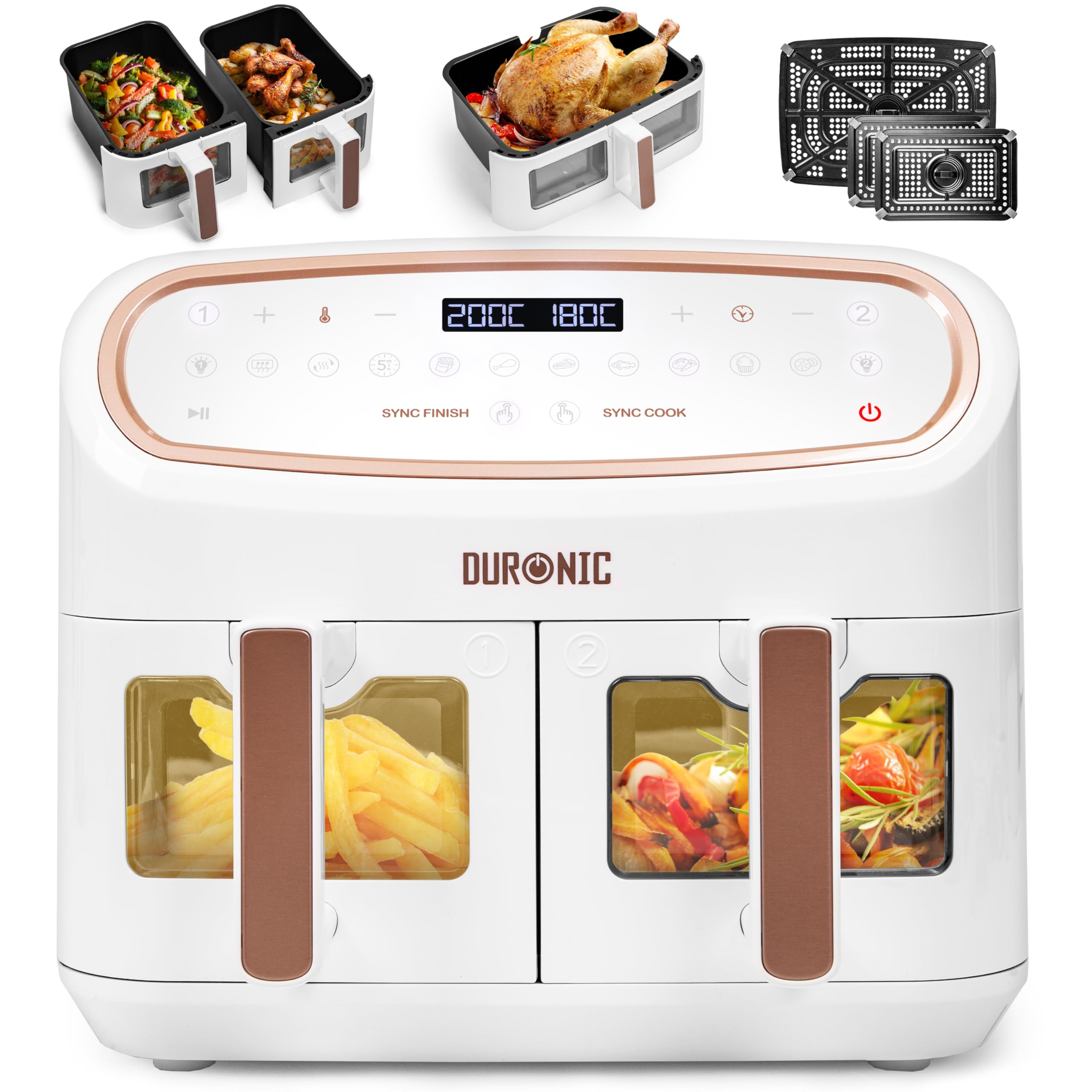 Duronic AF34 WE Friggitrice ad Aria extra grande, Air Fryer 2400W, 2 cestelli da 5L e 1 Cestello da 10L, Senza olio 10in1, Friggitrice ad aria calda con finestra di controllo