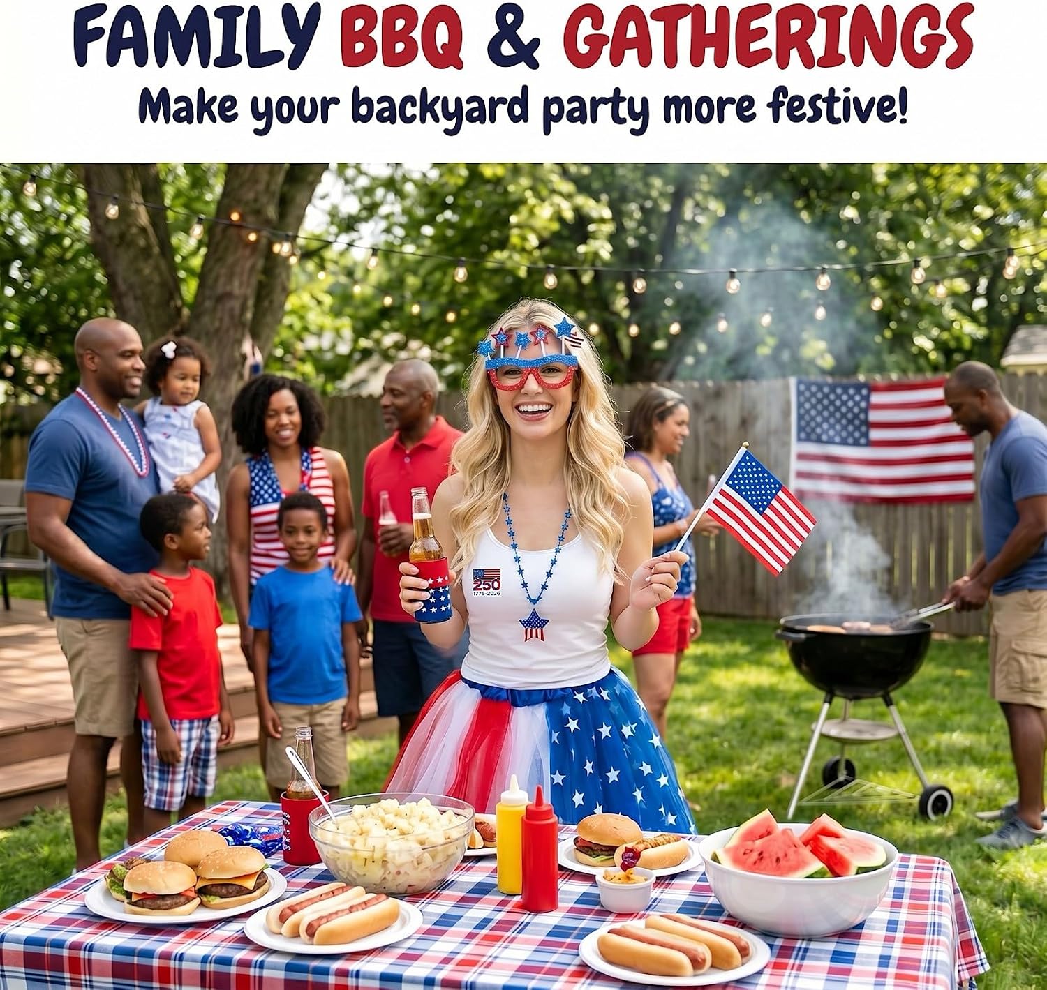 4th of July Outfits for Women-6-Piece Set Red White and Blue Accessories Includes Tutu Skirt USA Sunglasses American Flag, Fourth of July Outfit 250th Anniversary Patriotic & Halloween Costumes