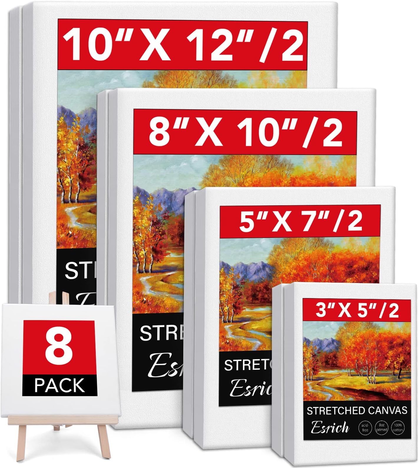Stretched Canvases for Painting, 8PCS Multi Pack Canvas 3x5”, 5x7”, 8x10”, 10x12”(2 of Each), Acid-Free Wood Frame Blank Canvas, Art Canvas Pre Primed for Acrylic, Oil Painting, Tempera Paintings.