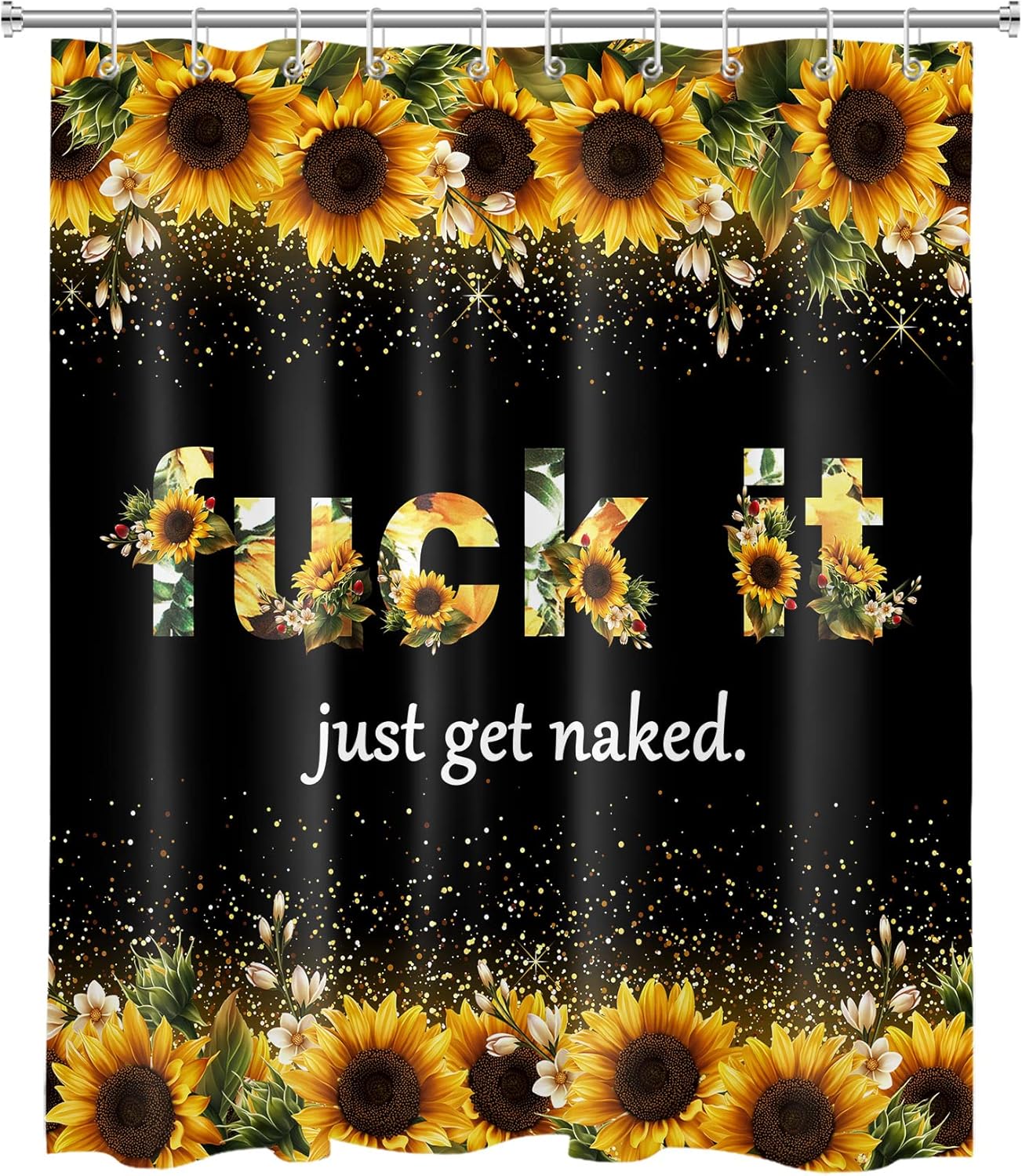LB Sunflower Fuck It Just Get Naked Shower Curtain Sets with Non-Slip Rugs Rustic Spring Floral Funny Quotes Shower Curtain Set for Bathroom Yellow Flowers with Leaf Bathroom Decor Sets, 60X72 Inch