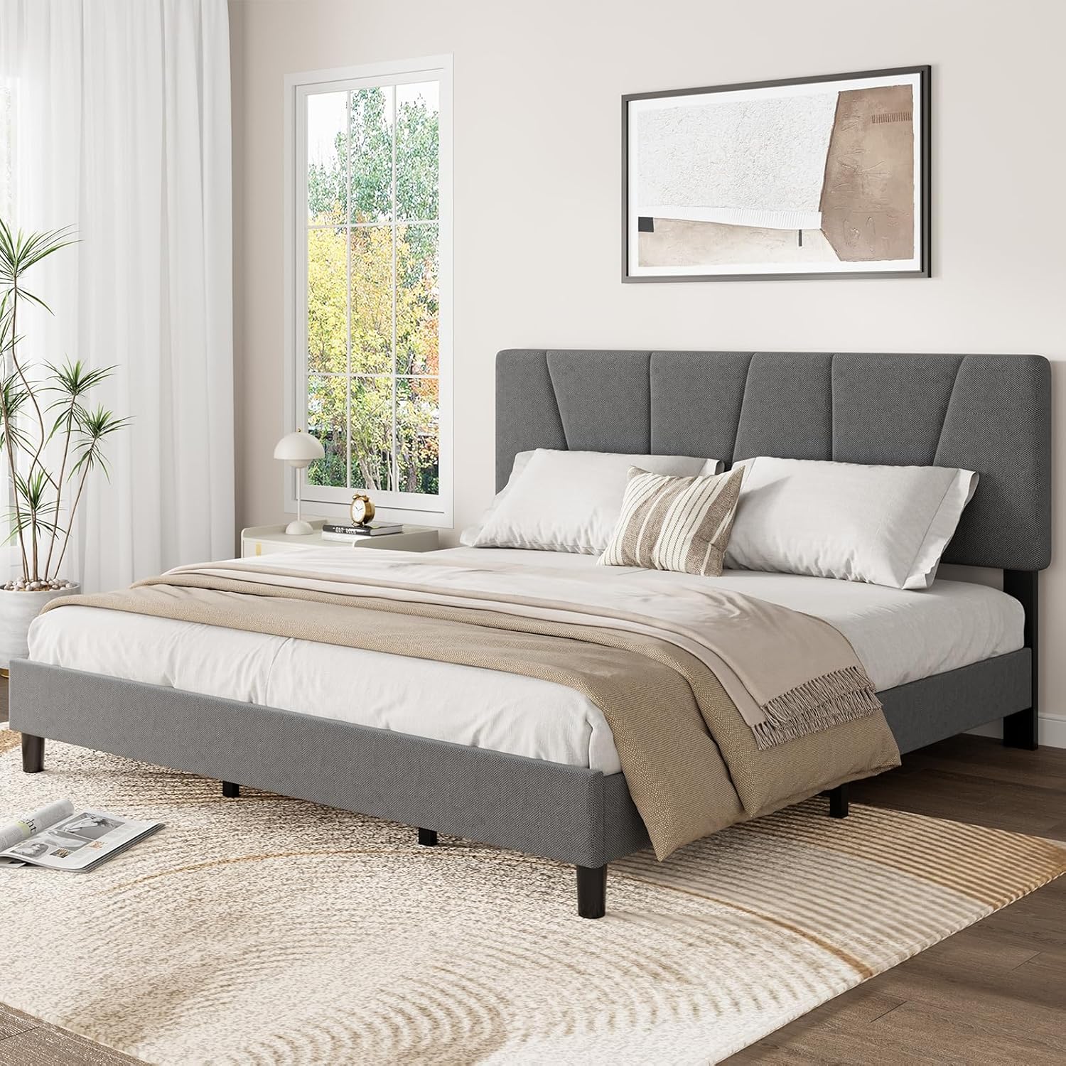 King Size Upholstered Platform Bed Frame with Adjustable Headboard, Fits 8-14 Inch Mattress, Heavy Duty Bed Frame with Wooden Slats Support, Noise-Free, Non-slip, No Box Spring Needed, Easy Assembly