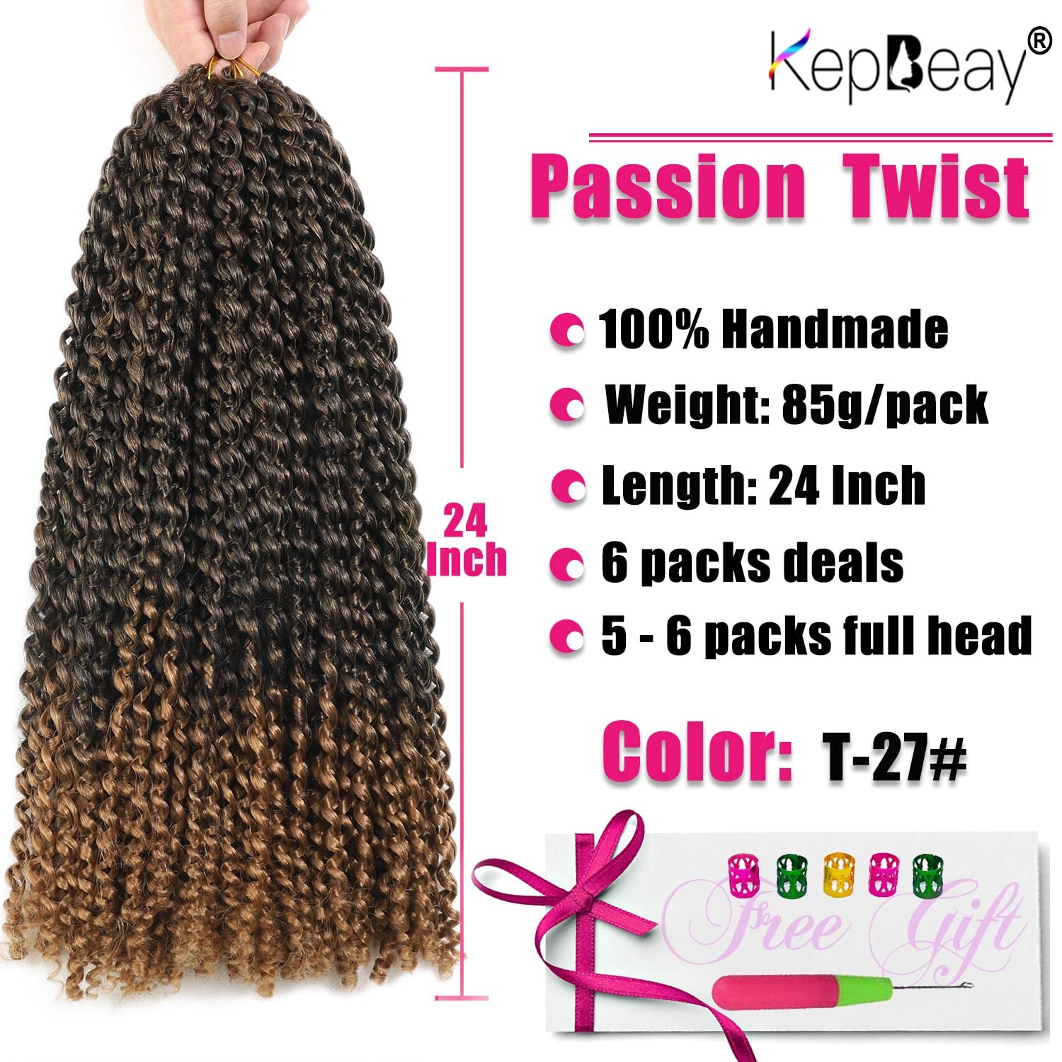 Passion Twist Hair 24 Inch Passion Twist Crochet Hair 6 Packs Water Wave Crochet Hair Passion Twist Hair Black Mixed Blonde Color Synthetic Hair Extensions for Women(24Inch,T27#）