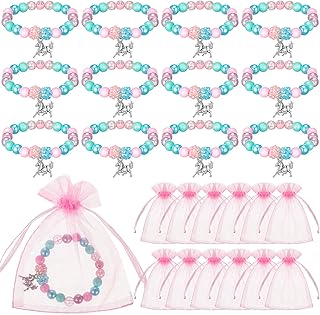 12 Pieces Horse Party Favors Bracelet for Girls Gifts 6 Inch Horse Beaded Bracelet with 12 Small Drawstring Gift Bags Pink Mesh Bags Kids Bracelet for Christmas Wedding Baby Shower Party Supplies