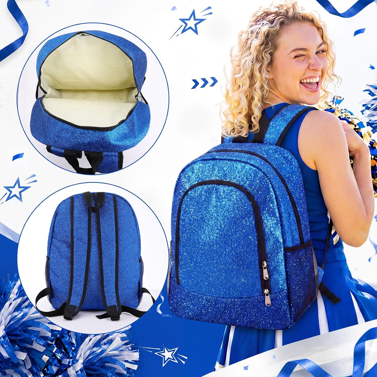 4 Pcs Large Cheer Backpack Glitter Cheerleading Backpack, Blue
