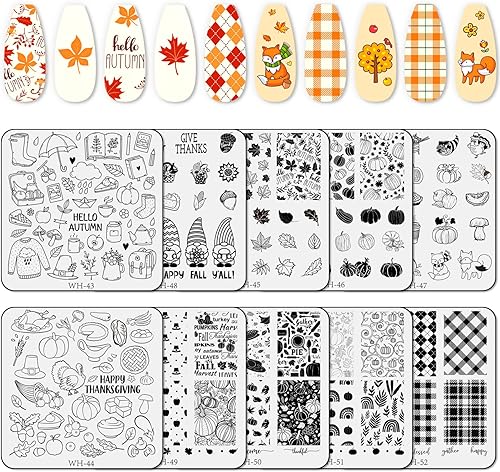 Whaline Kit de 10 hojas de placas de estampado de arte de uñas de otoño, calabazas de Feliz Acción de Gracias, gnomo de hoja de arce, a cuadros,