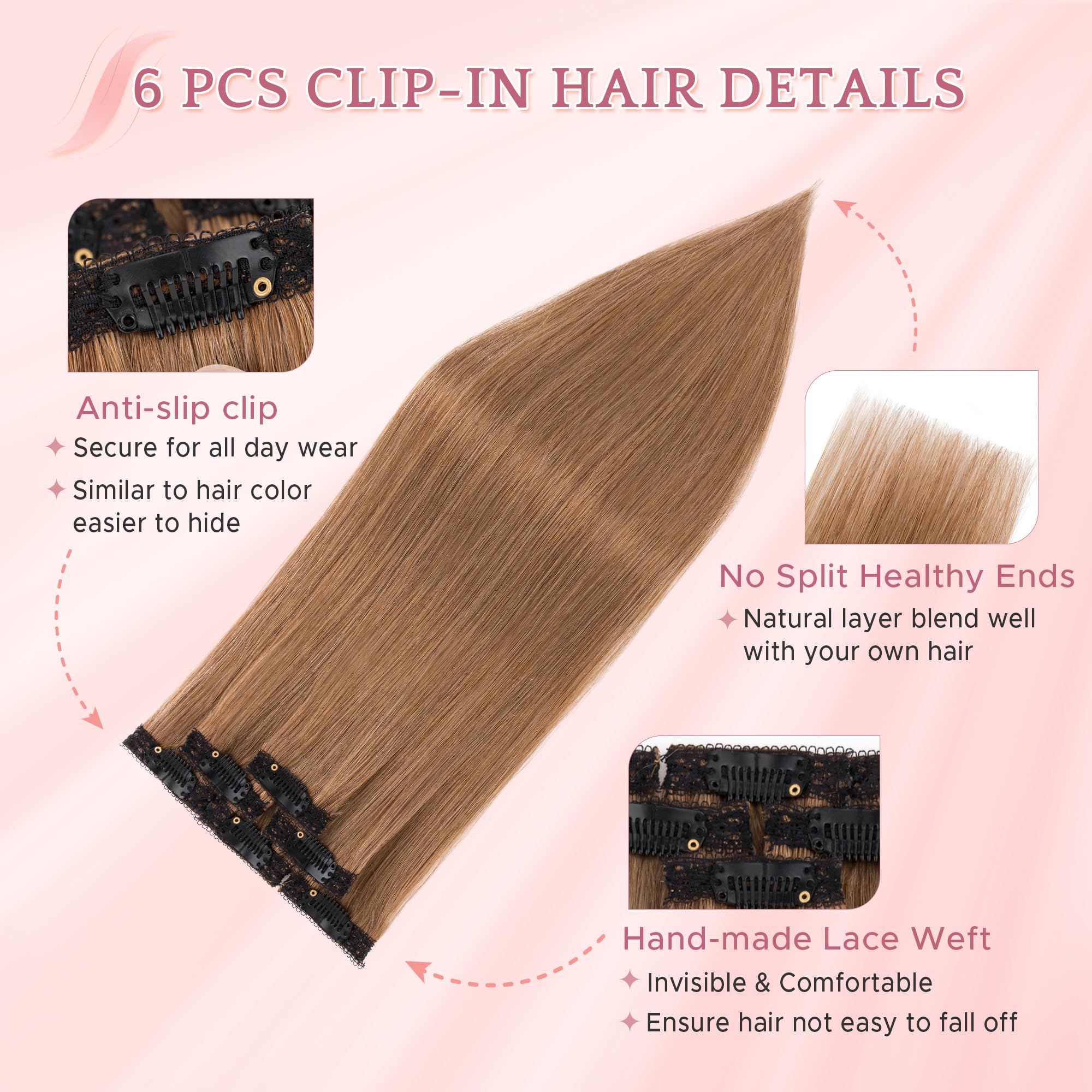 50cm Extension Capelli Veri Clip 6PZ #6 Marrone Chiaro Silk Lace Naturali per Capelli Sottili (44g)