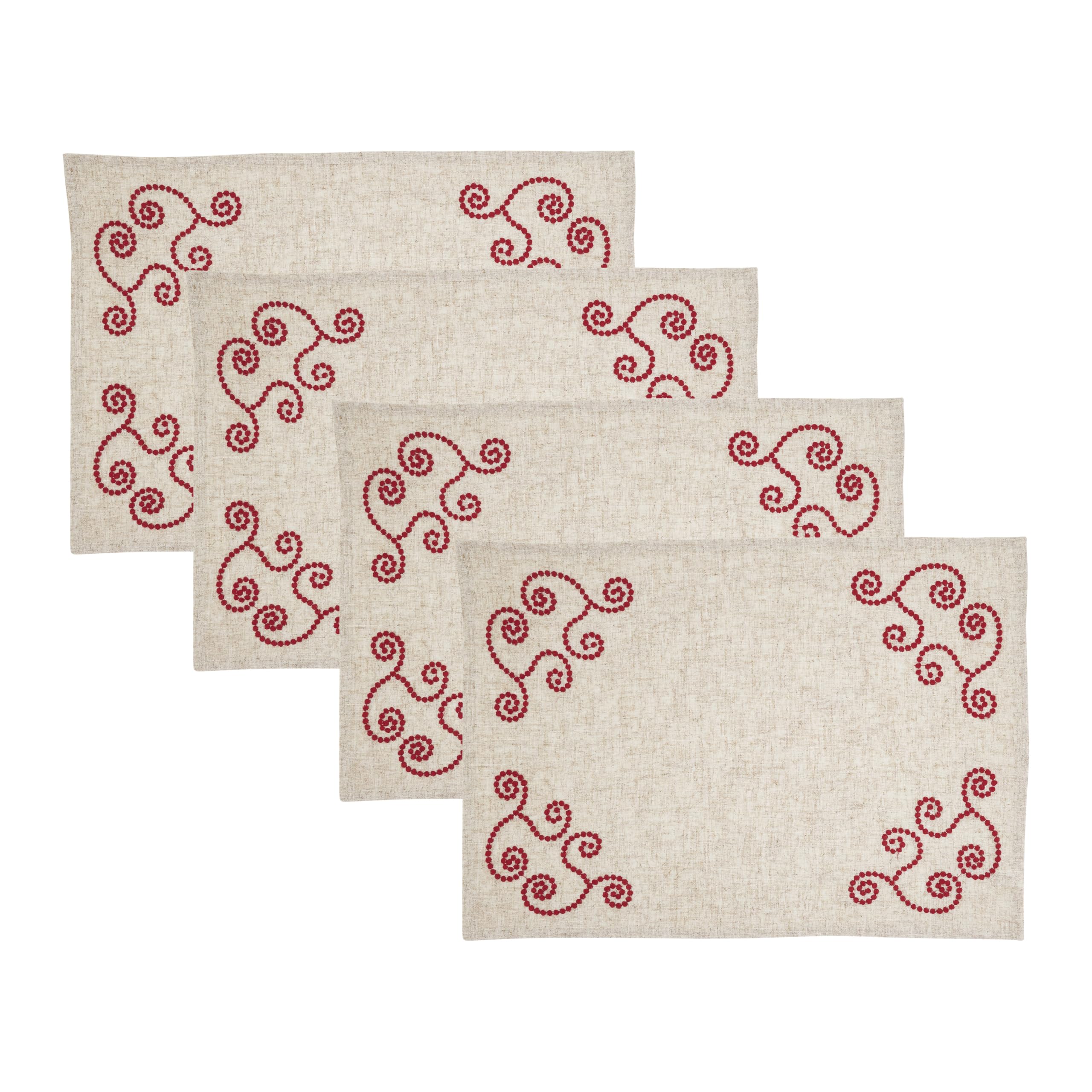SARO Lifestyle Lot de 4 Sets de Table brodés en Lin mélangé – Sets de Table décoratifs de Ferme avec Broderie d'angle pour Salle à Manger Quotidienne, Tables de Cuisine et Divertissement décontracté