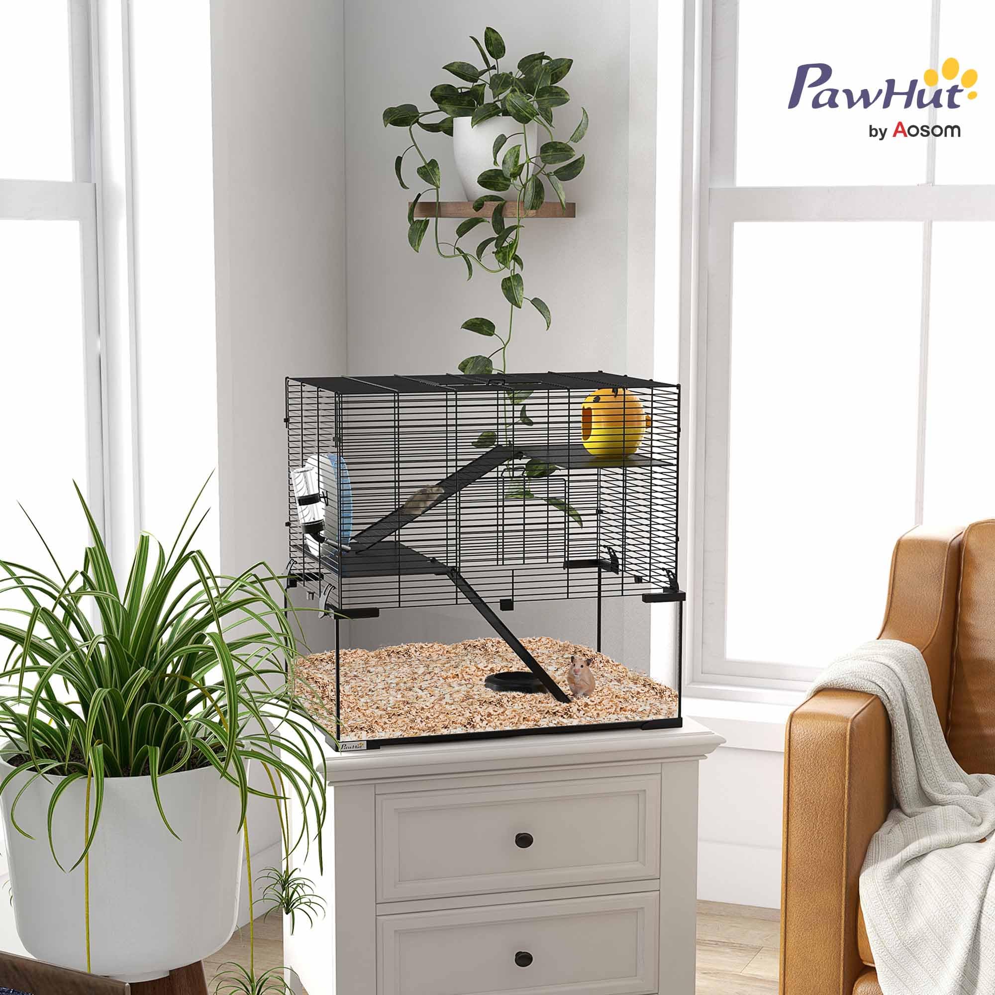 PawHut Jaula para Hámster Casa para Animales Pequeños con Fondo de Vidrio Plataformas Cuenco Bebedero Casita Rampas y Rueda de Ejercicio 60x40x54,5 cm Negro