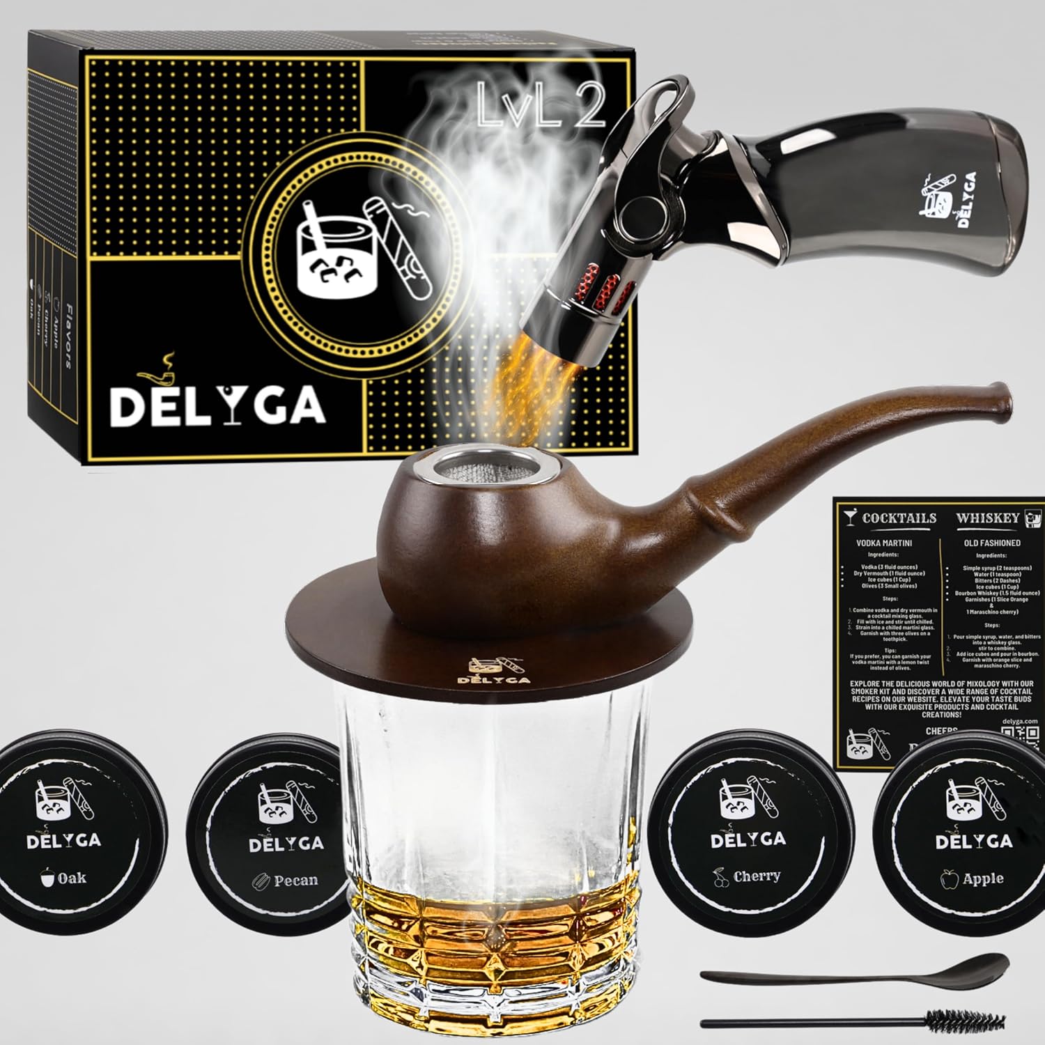 Whiskey Smoker Kit with Torch, Pipe-Shaped Wood Cocktail Smoker