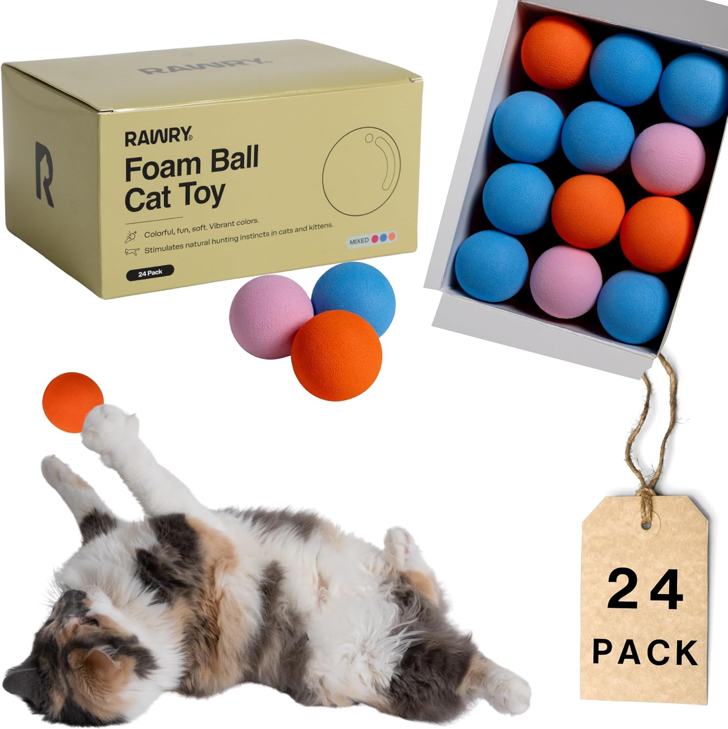 Rawry Foam Ball Cat Toy for Indoor Cats & Kittens, 24 Pack, Three Colors