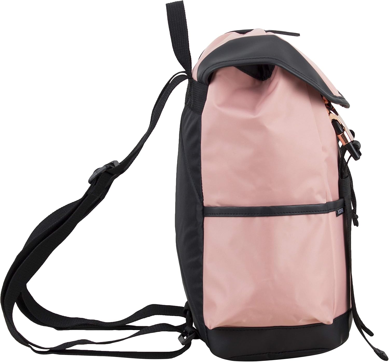 BODHI Stylish Mini Drawstring Backpack Bag with Front Rose Gold Buckles and Black Straps, Blush Pink