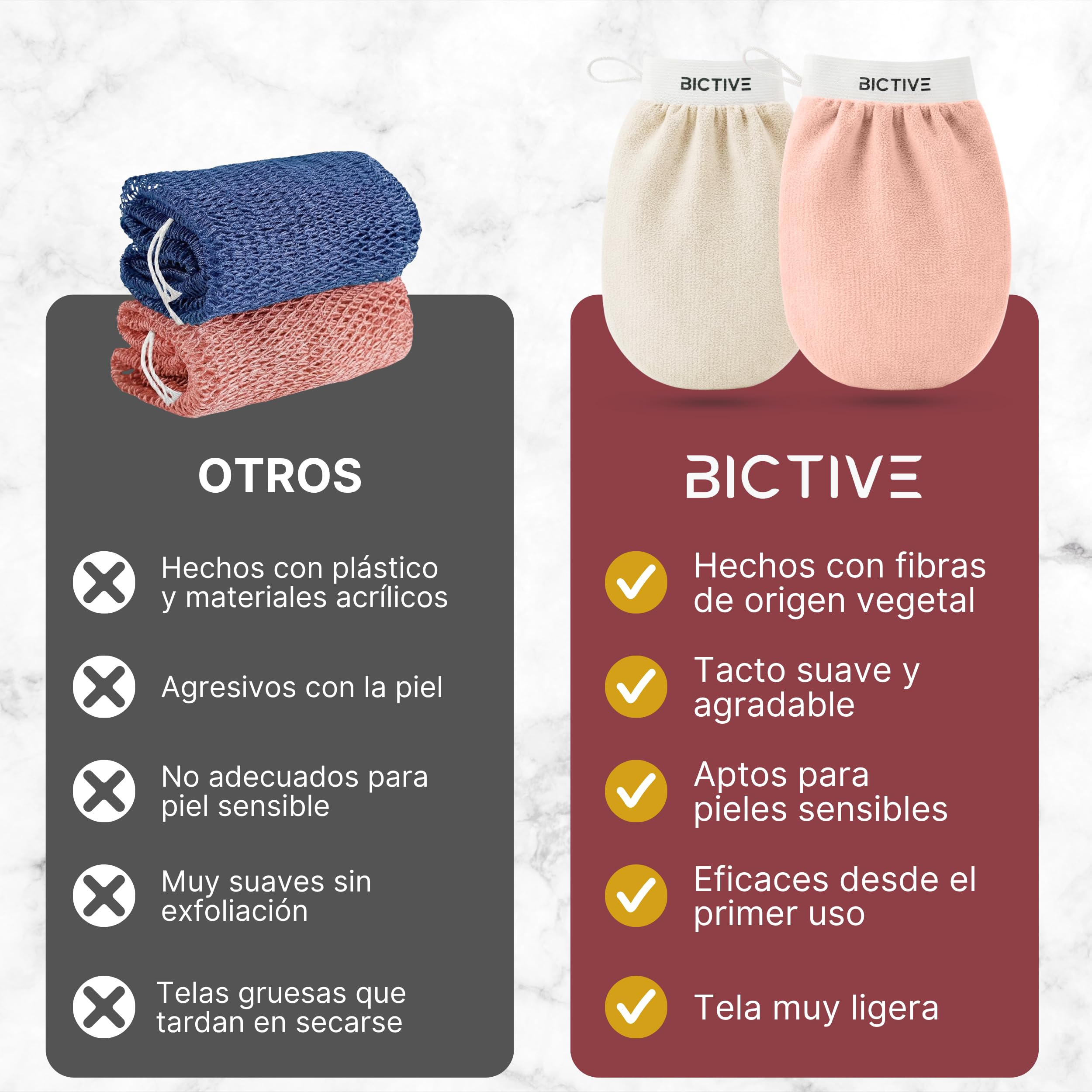 BICTIVE Set de 2 Guantes Exfoliantes Corporales para la Ducha Fabricados en Fibras de Origen Vegetal. Guante de Crin para Eliminar Piel Muerta. Manopla Kessa Hammam, Mejora la Apariencia de la Piel — view 6