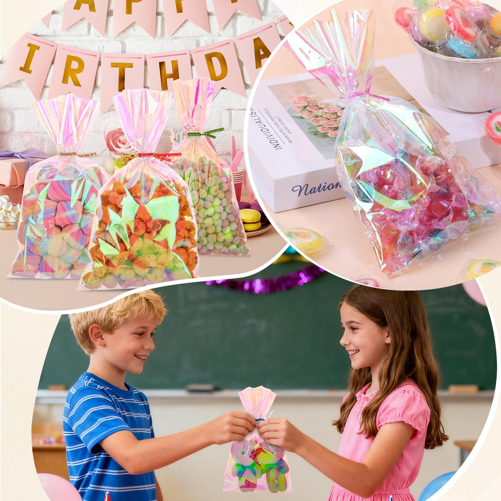 woric 150 PCS Iridescent Cellophane Treat Bags with Ties 6x9 Inch Clear Party Favor Bags Holographic Goodie Bag for Candy Baby Showers Mother's Day Weddings Birthday Party Favors