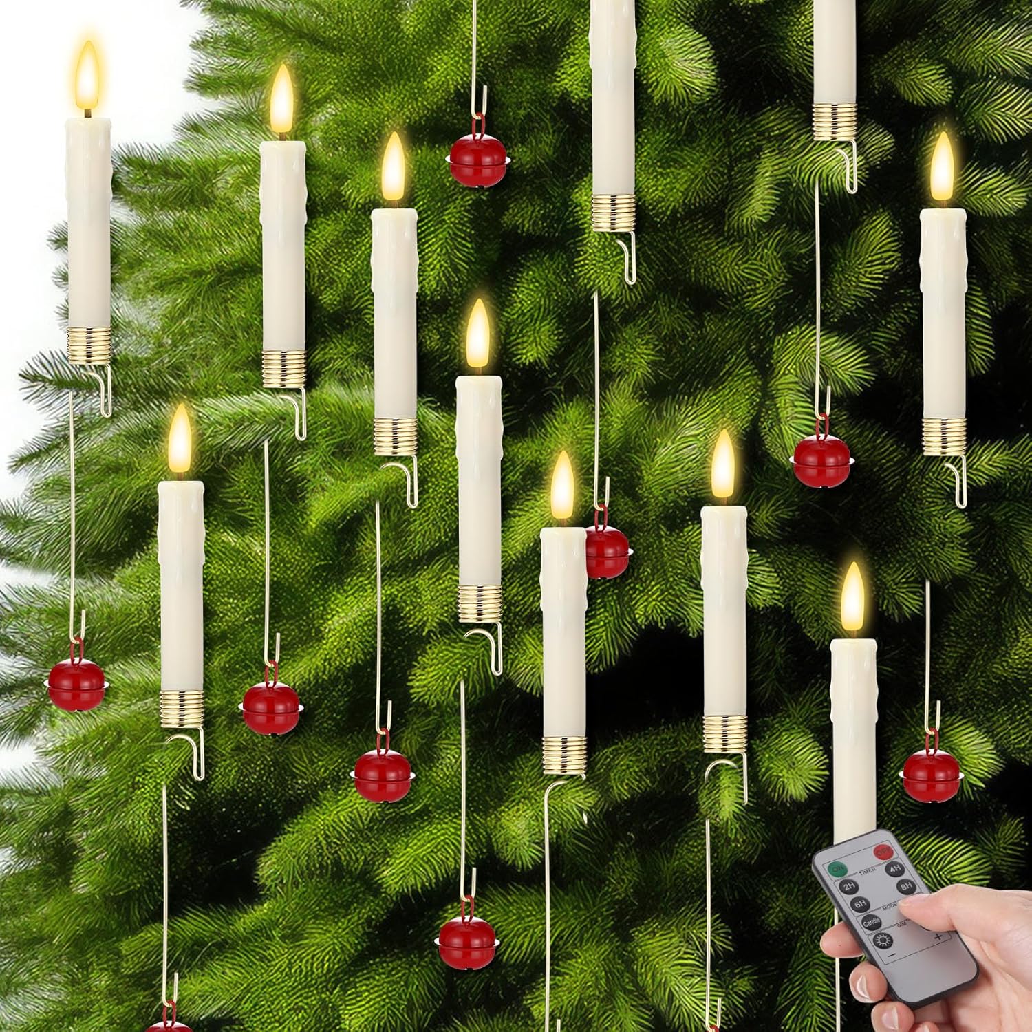 12 Set Christmas Tree Candles with Remote 5.3 Inch Battery Operated Hanging Christmas Candles with Bells LED Candlesticks Flickering Flameless Candlesticks for Xmas Tree Party Decor (Red)