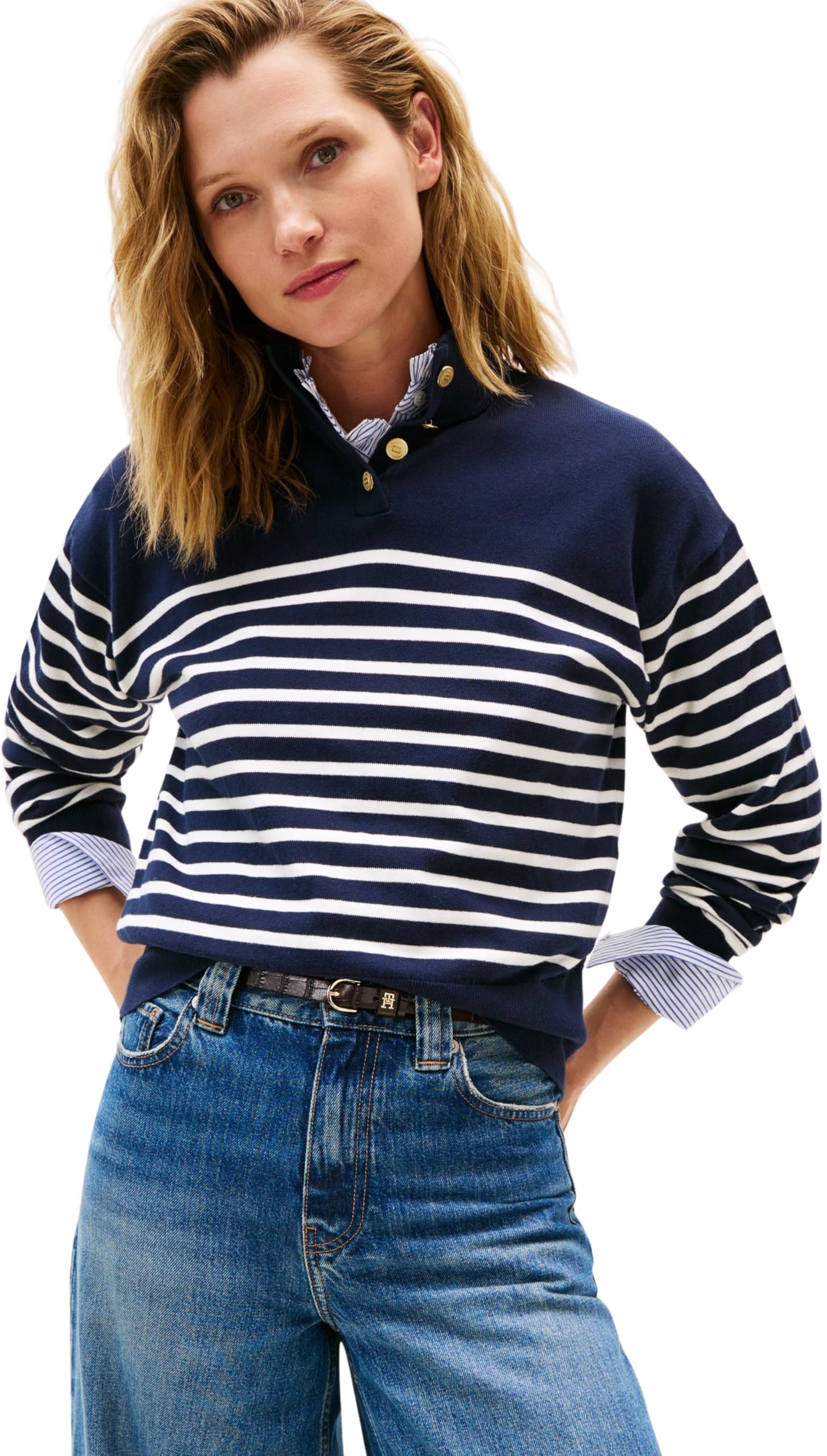Tommy Hilfiger Women’s Jersey Gold Jumper with Mock Neck, Blue (Placed Thin White Stp Sweaters), XS