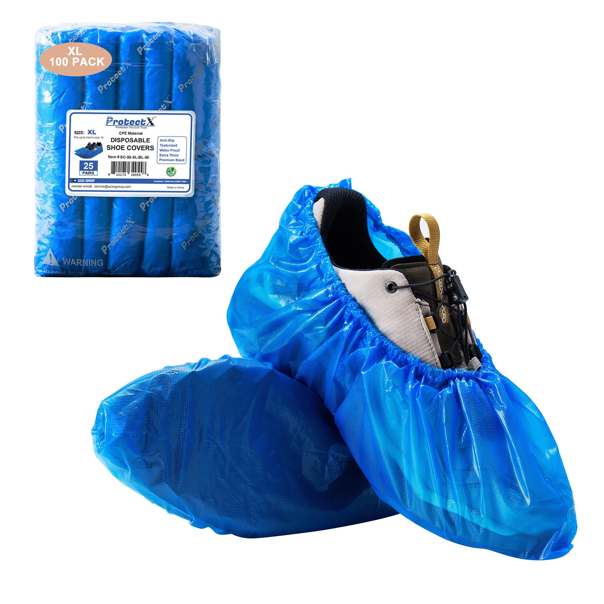ProtectX Heavy Duty Disposable Shoe Covers Waterproof Non-Slip, Extra Large 17.7"x6.7", Thick 0.3 Oz Blue CPE Booties Cover, Fit up to Men's 14 US