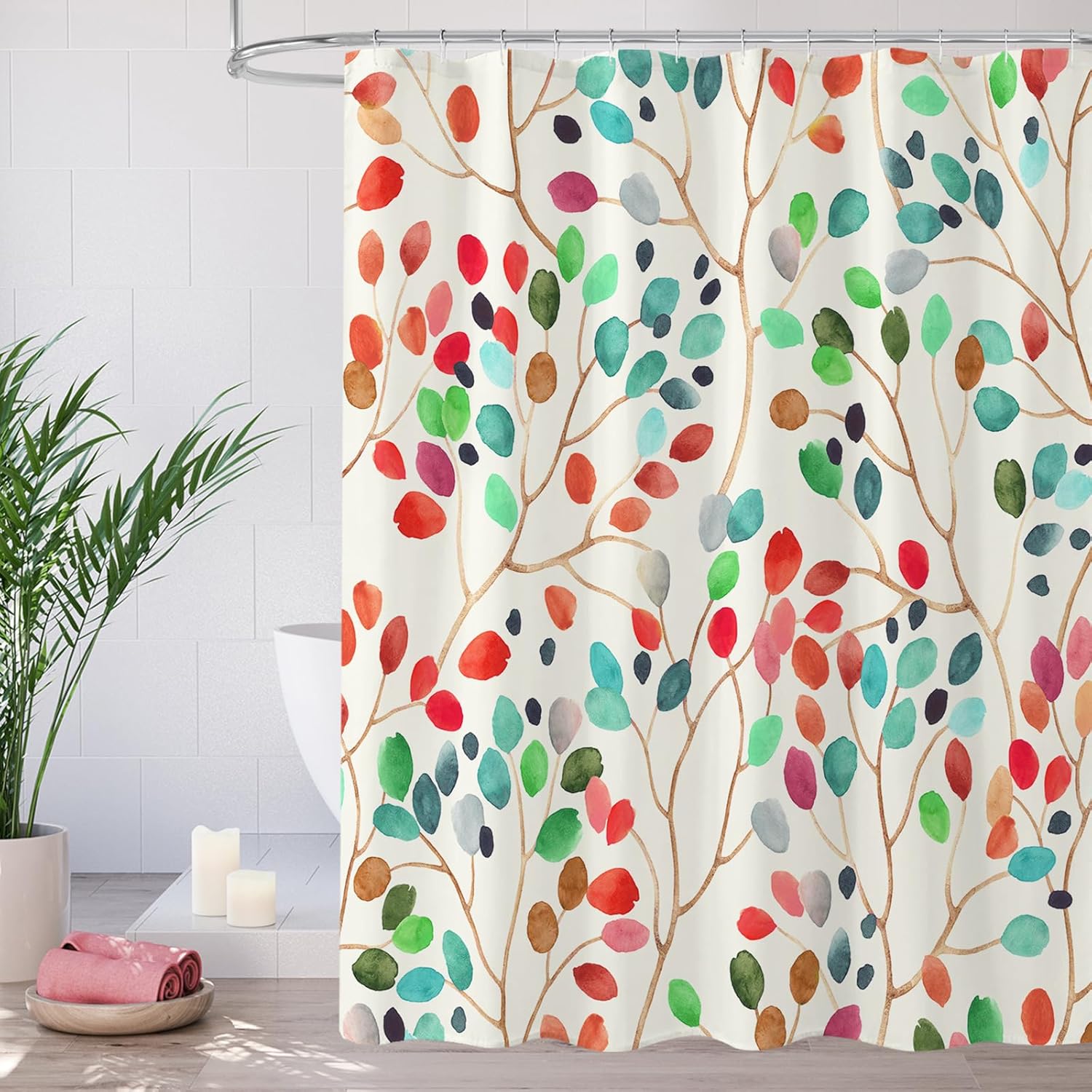 Gibelle Floral Shower Curtain for Bathroom, Colorful Leaves Fabric Shower Curtain, Abstract Watercolor Cute Botanical Decorative Shower Curtain Set with Hooks, 72x72, Red A7 72