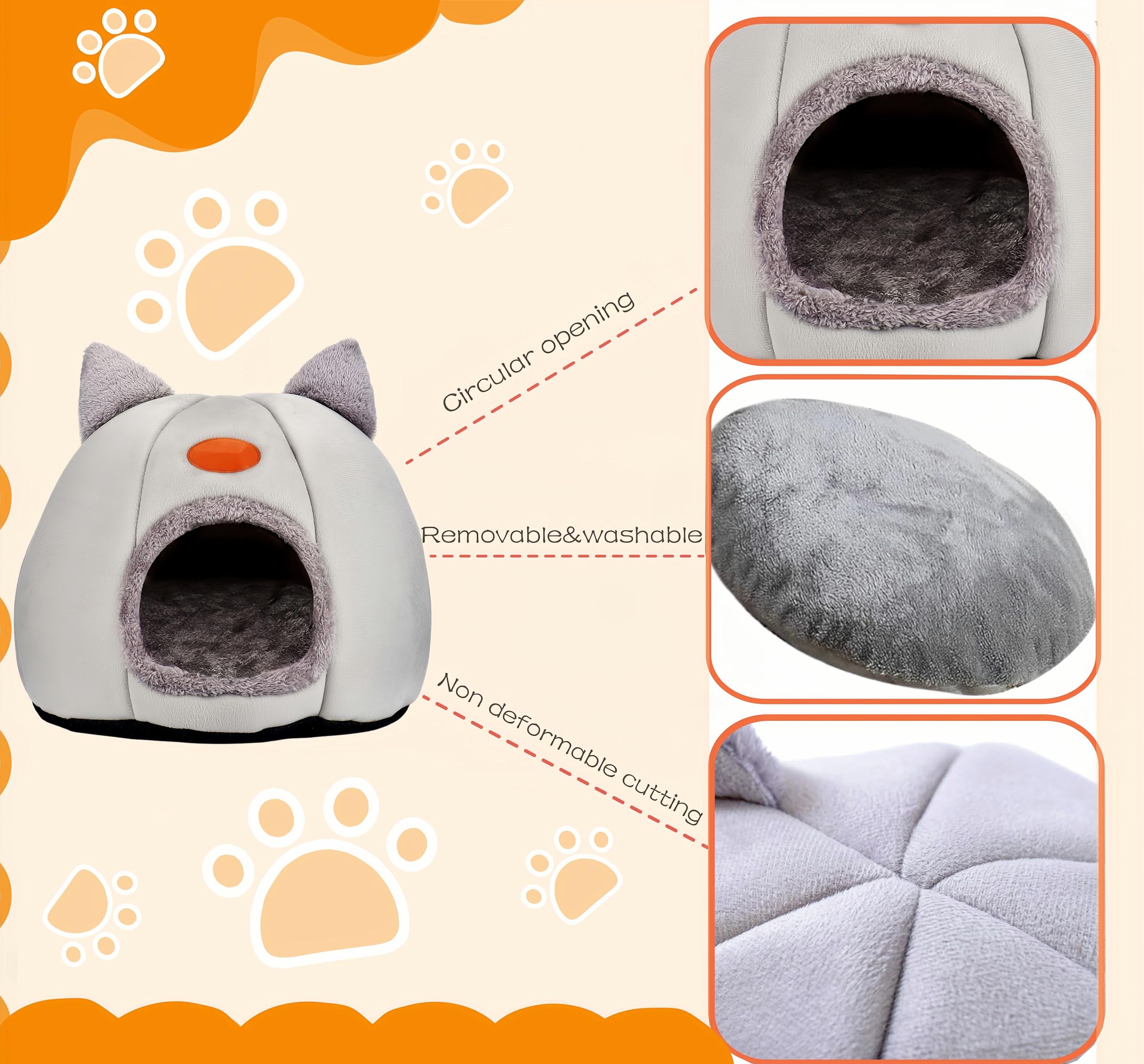 Höhlen-Hundebett Katzenhöhle, Katzenbetten für Hauskatzen, Faltbare Katzenbetthöhle, Katzenhaus mit waschbaren Kissen weiches und warmes Katzenhaus für drinnen für Kätzchen und mittelgroße (grey, L)