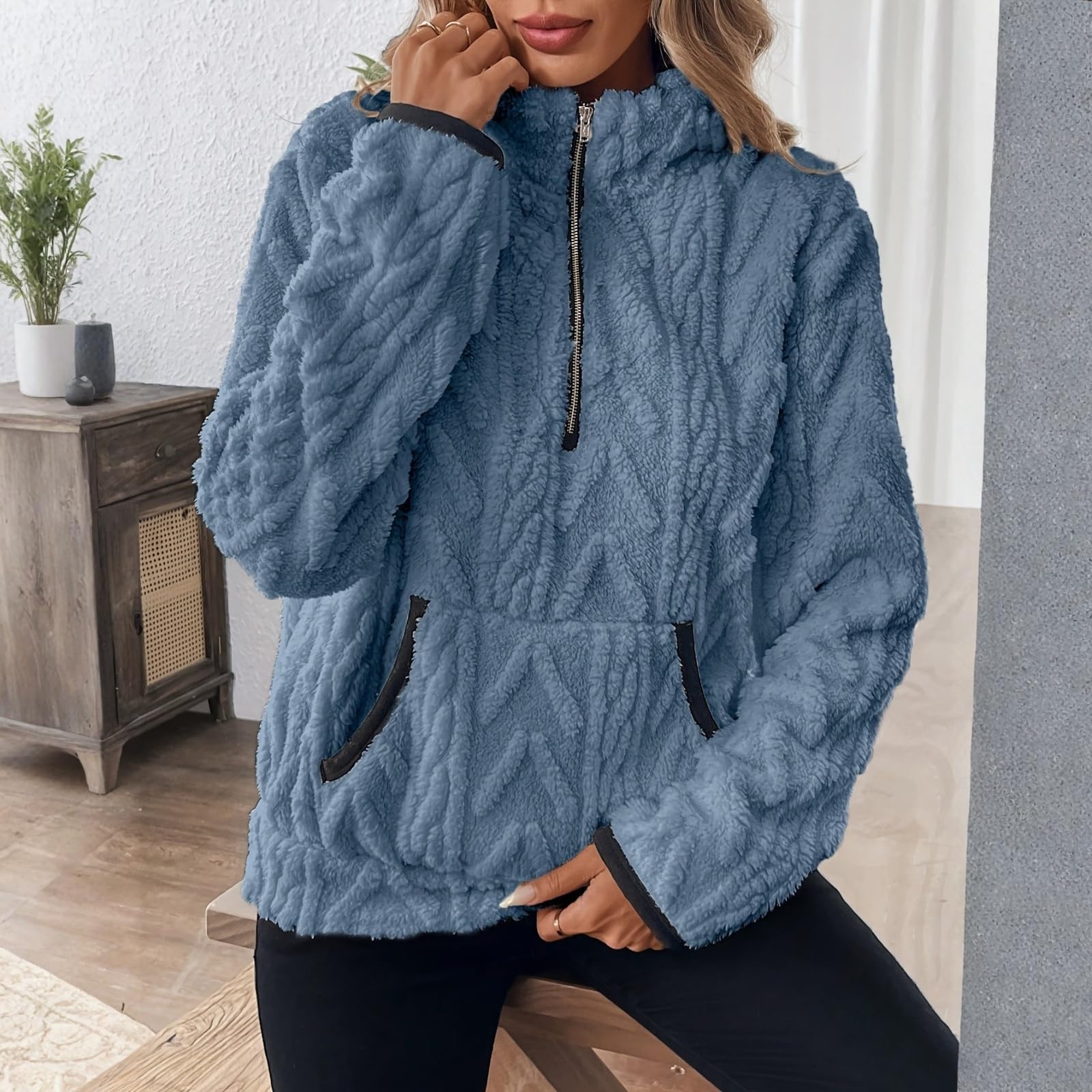 Polaire Femme Zippée Sweat Femme sans Capuche Automne Et Hiver Chaud Pull avec Poches Chic Et Élégants Manches Longues Sweatshirts Décontracté Thermique Sweat-Shirt Couleur Unie Haut Top