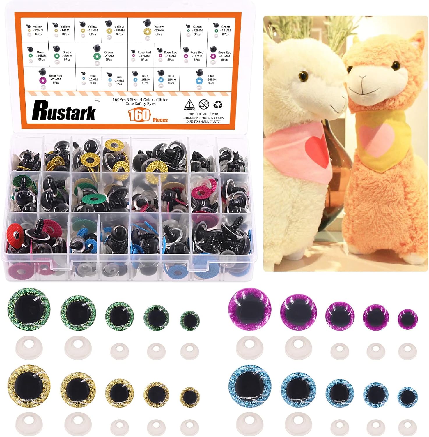 Rustark 160 Sets Glitter Plastic Safety Eyes Stuffed Crochet Eyes Craft Doll Eyes Kit with Washers for DIY Crafts Projects 12 14 16 18 20mm Yellow Green Light Purple Blue