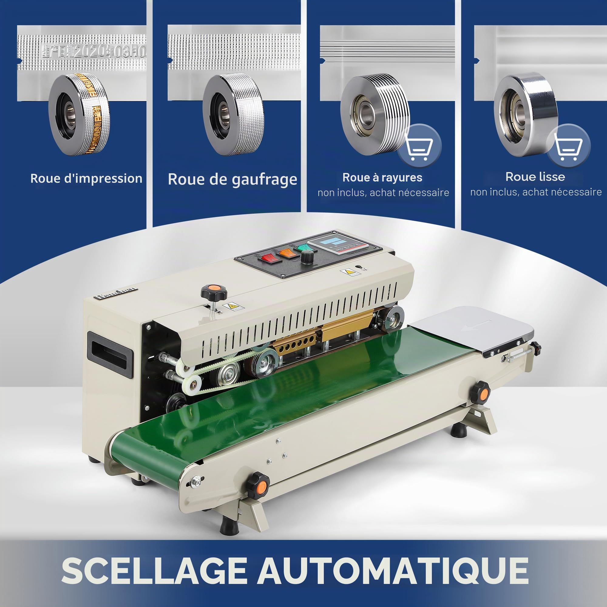 Hanchen Scellant à bande continue 6-12 mm, machine horizontale automatique avec contrôle numérique de température pour emballage domestique-commercial 220 V 600 W