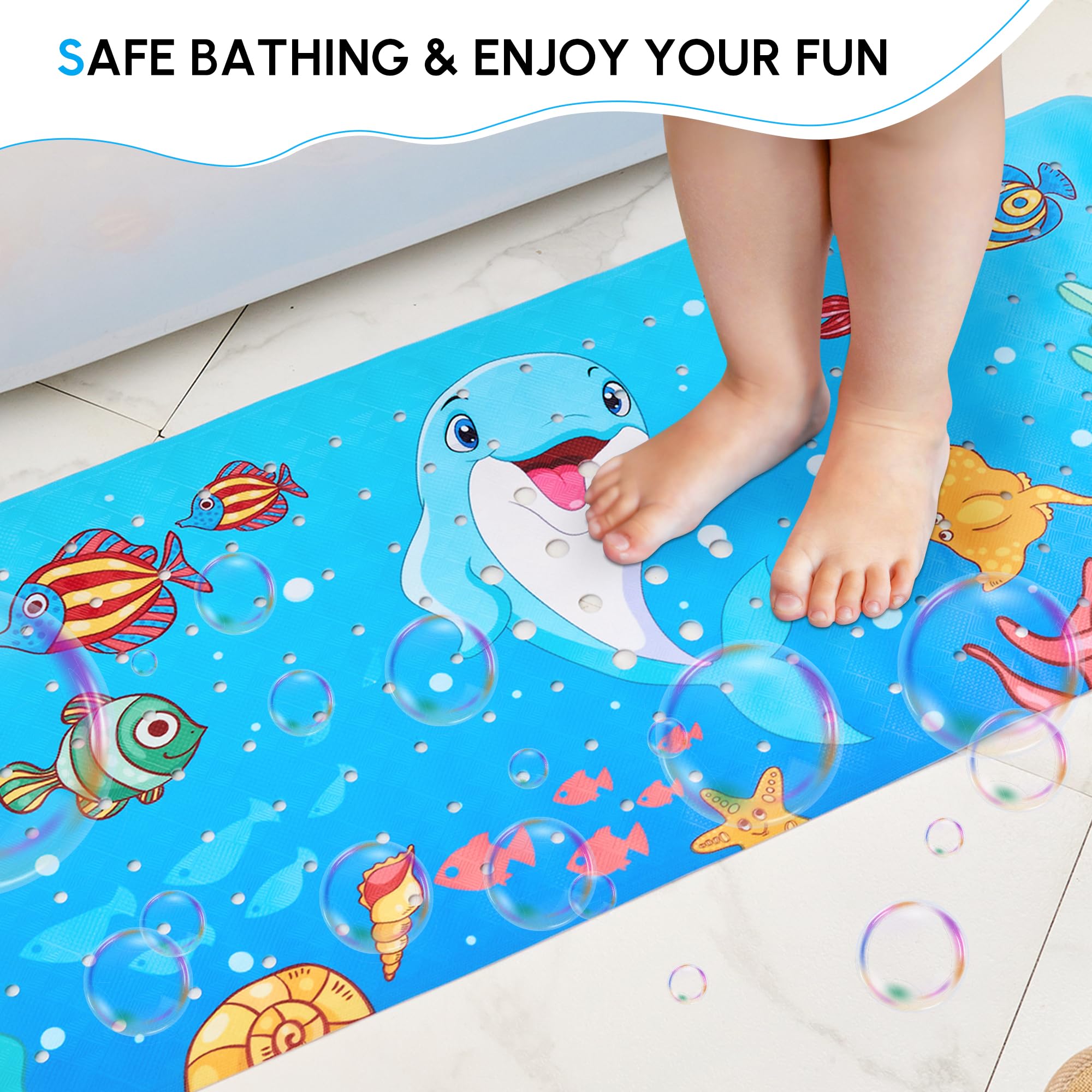 Alfombrilla de baño para bebé antideslizante para niños, 40 x 16 pulgadas, extra larga, con agujeros de drenaje y ventosas, alfombrilla de ducha antideslizante, lavable a máquina, delfín