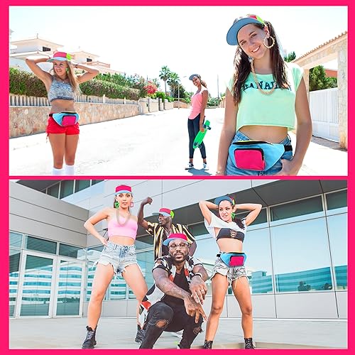 Miniatura 4 de YAROMO Disfraz de hip hop para mujer, traje de los años 80 y 90, riñonera de neón, gorro, bolsa de cintura ajustable, pulsera, aretes para fiesta de