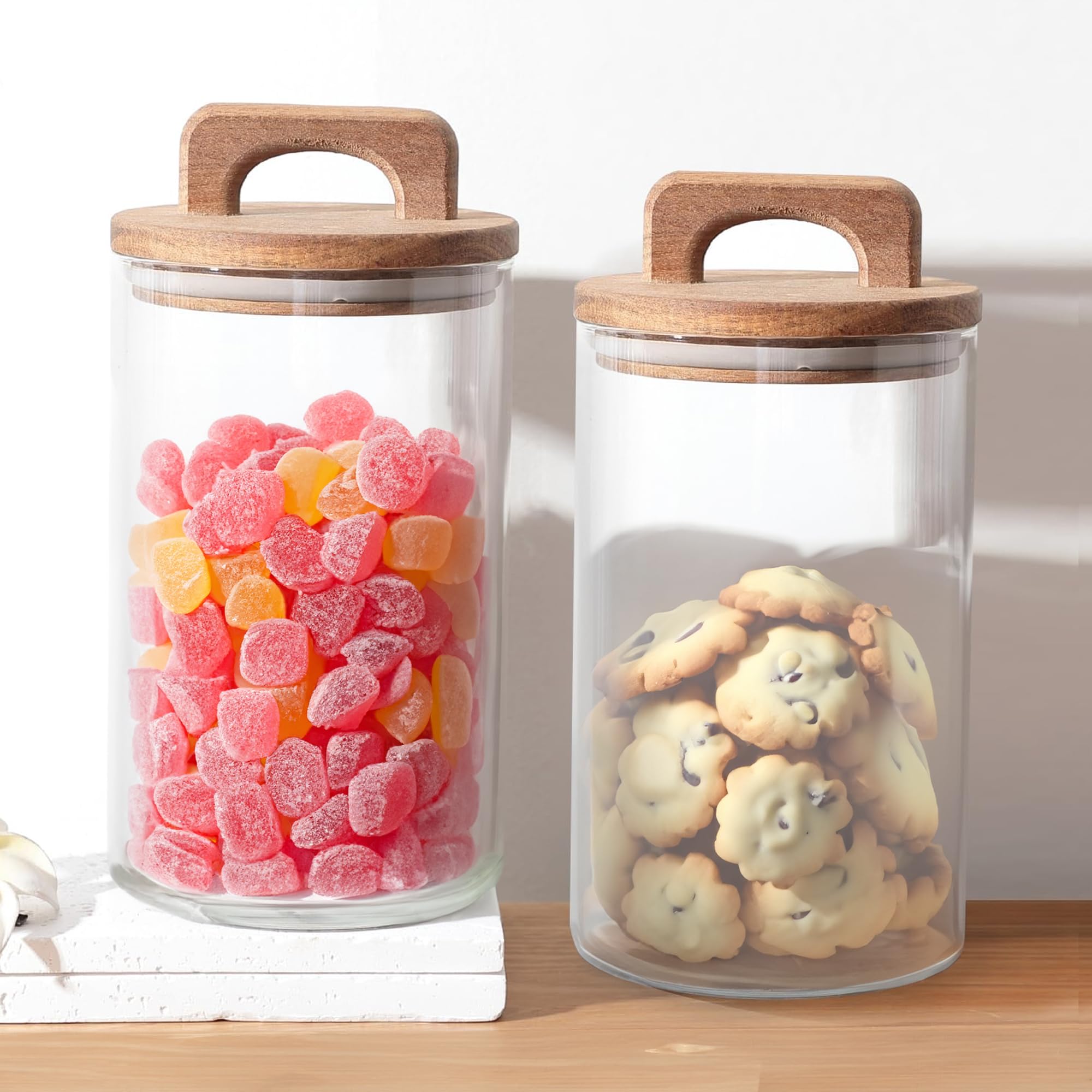 UMAI 1000 ml Glass Jars with Wooden Lids | Set of 2 | Airtight, Moisture-Proof Kitchen Storage Containers | Transparent Jar with Handle | Organizer for Cookies, Snacks, Spices & Dry Fruits