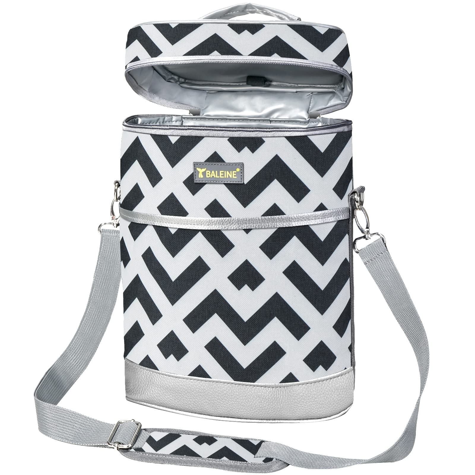 BALEINE 4 Bottle Wine Carrier - Insulated & Leakproof Wine Cooler Bag with Shoulder Strap for Picnic, Travel, BYOB Restaurant, Wine Gifts for Women (Black Chevron, 4 Bottle)