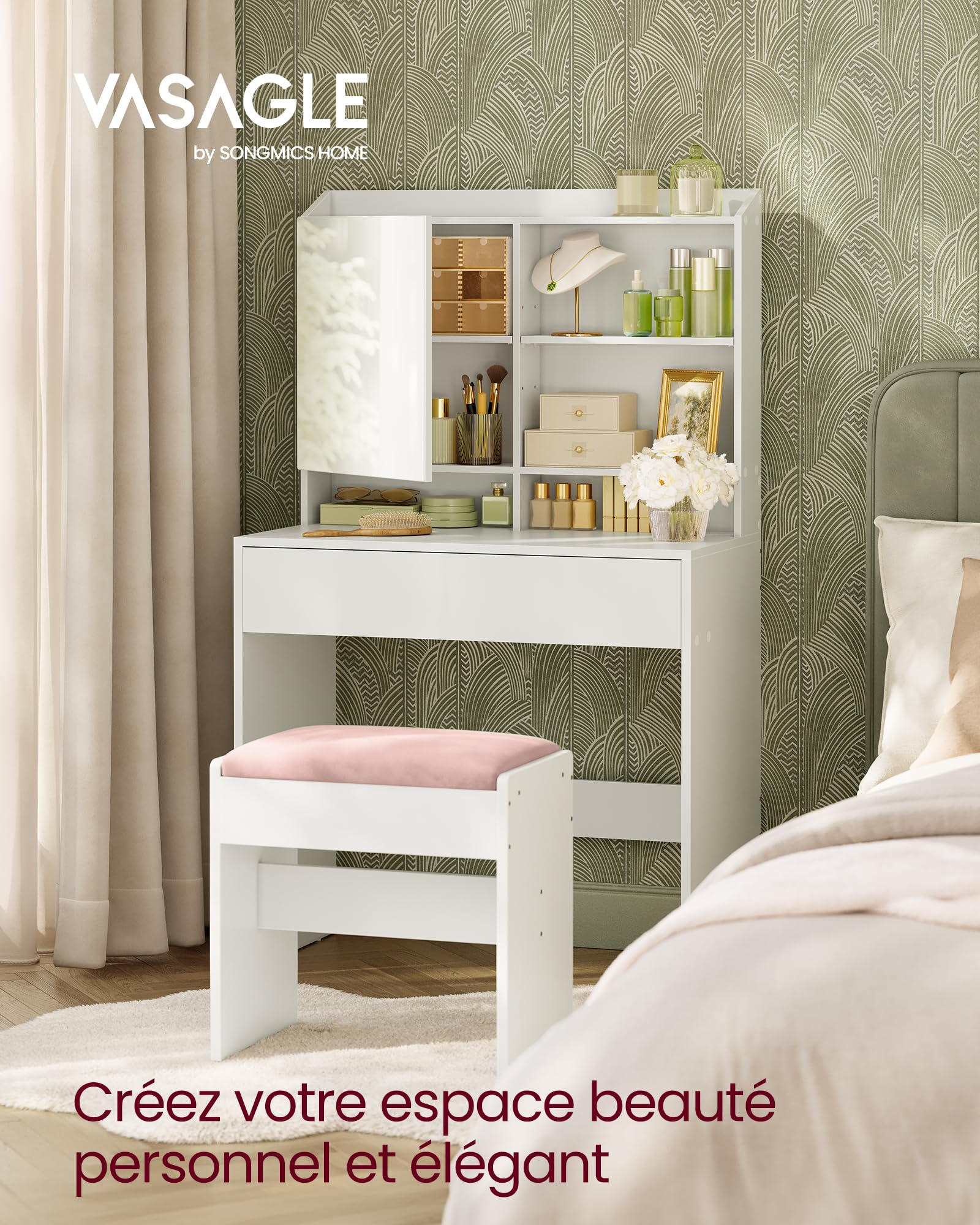 VASAGLE KAILYN Collection - Coiffeuse, Table de maquillage, avec miroir, avec placard de rangement et tiroir, étagères réglables, coin beauté, style moderne, 70 x 40 x 136 cm, Blanc RDT118W01