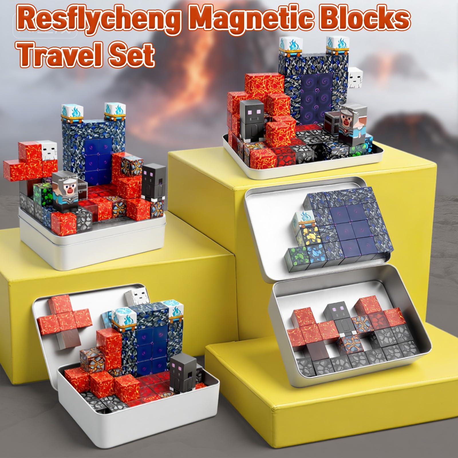 70 piezas de bloques de construcción magnéticos, juguetes de viaje para niños de 4 a 8 años, mini bloques magnéticos de portal de lava con caja de almacenamiento de hierro, cubos magnéticos portátiles 2