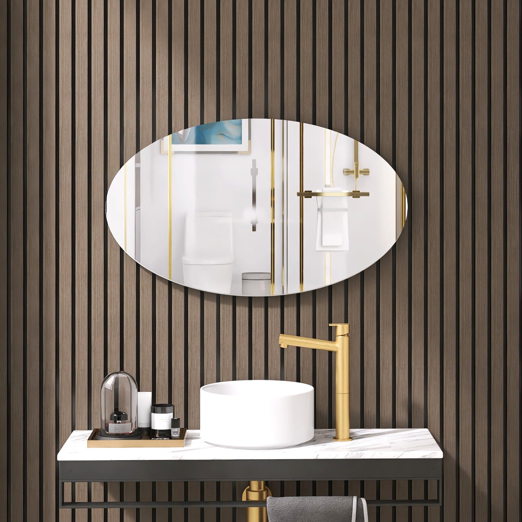 Organizedlife Specchio da bagno ovale a parete, senza cornice, vanità per vestirsi, design minimalista, corridoio, camera da letto, 64 x 37 x 2 cm