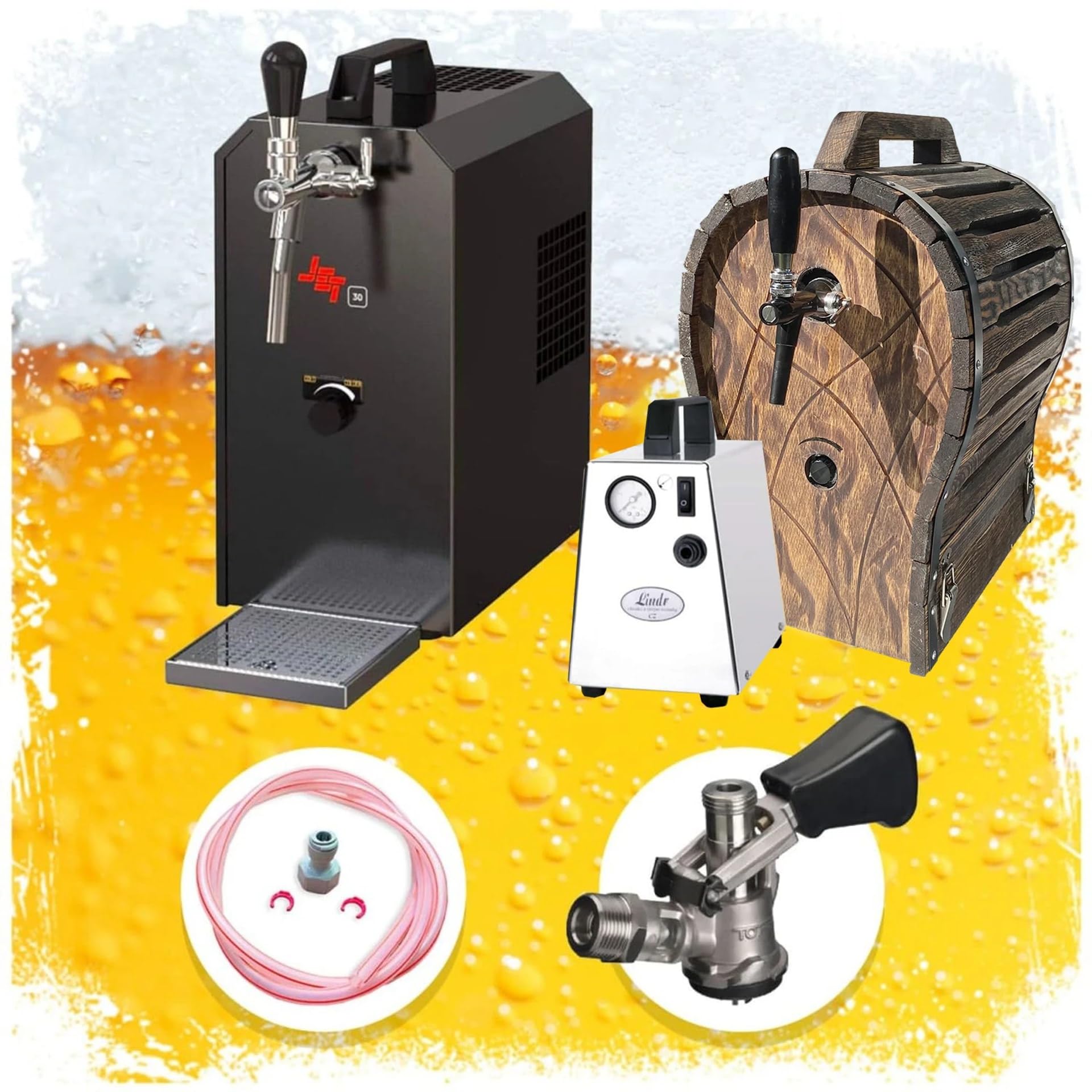 Kit Completo dispensador de Cerveza Jet 30 con maletín, Enfriador de Flujo Continuo 1 vía hasta 35 l/h, Barril de Madera, Grifo Triangular y keg Tipo G