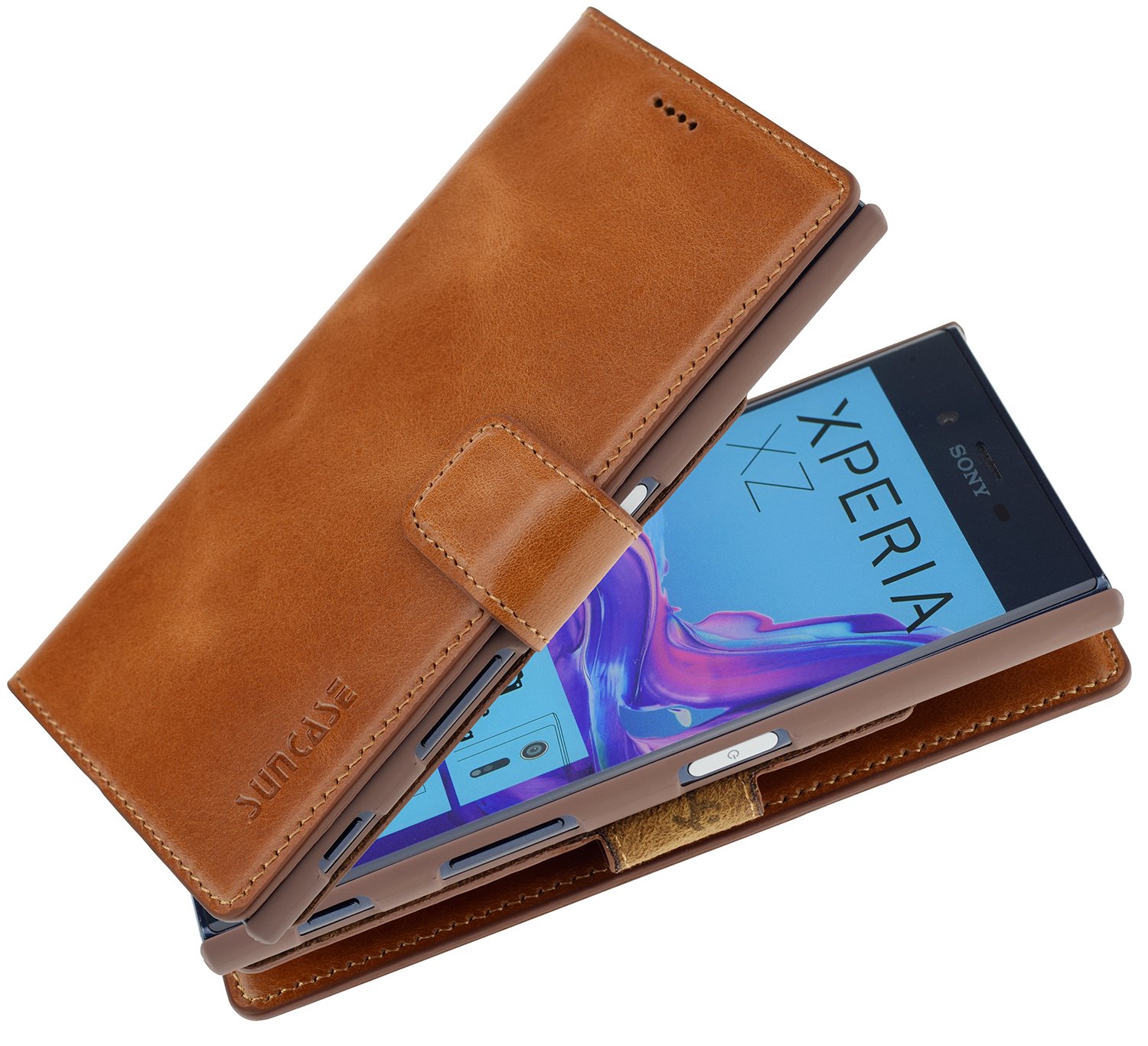 Suncase Book-Style Ledertasche Für Sony Xperia XZ/XZs – Mit Standfunktion & Kartenfach (Cognac)