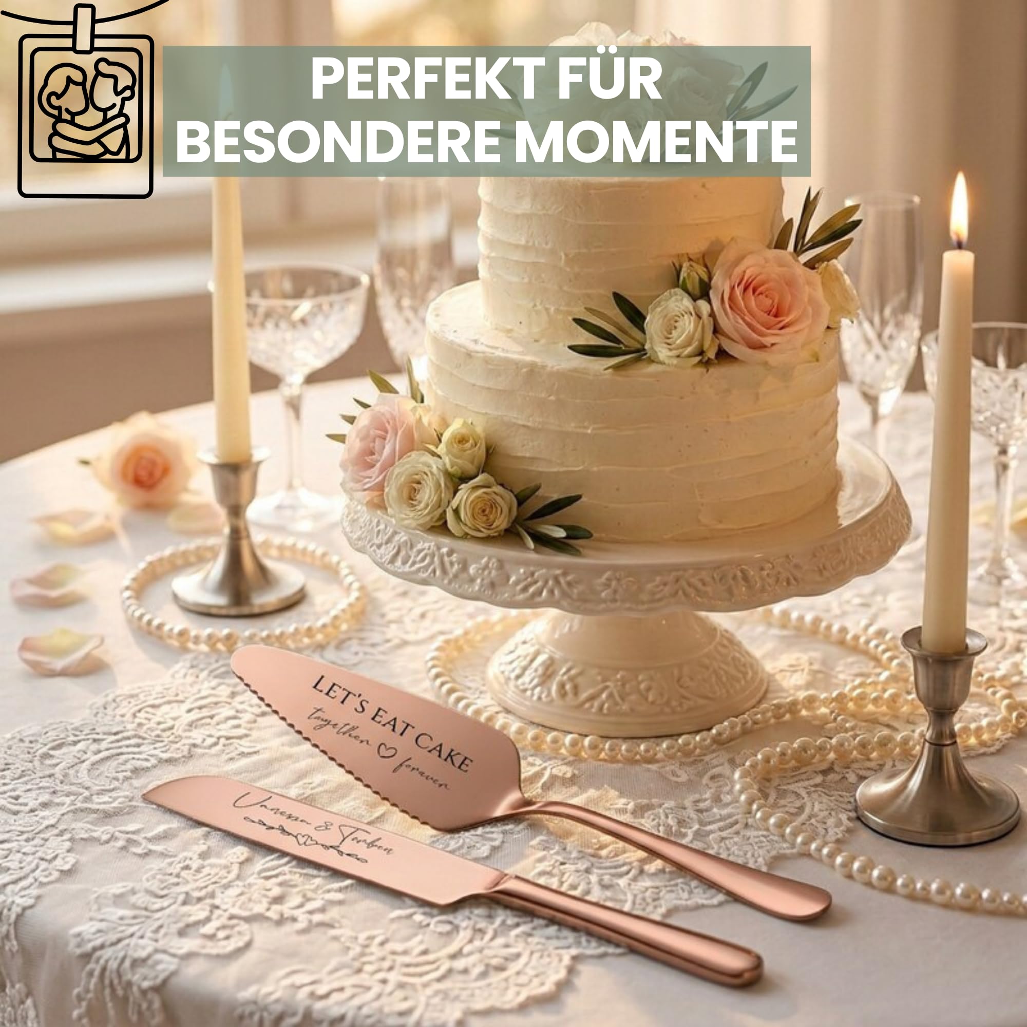 SMARTEON Let's Eat Cake Cake-Server Set mit Tortenmesser und Personalisierter Gravur – Geschenke für Brautpaar, Geburtstag, Jubiläum,Konfirmation,Kommunion, Muttertag (Gold+Gabeln, Initialien)