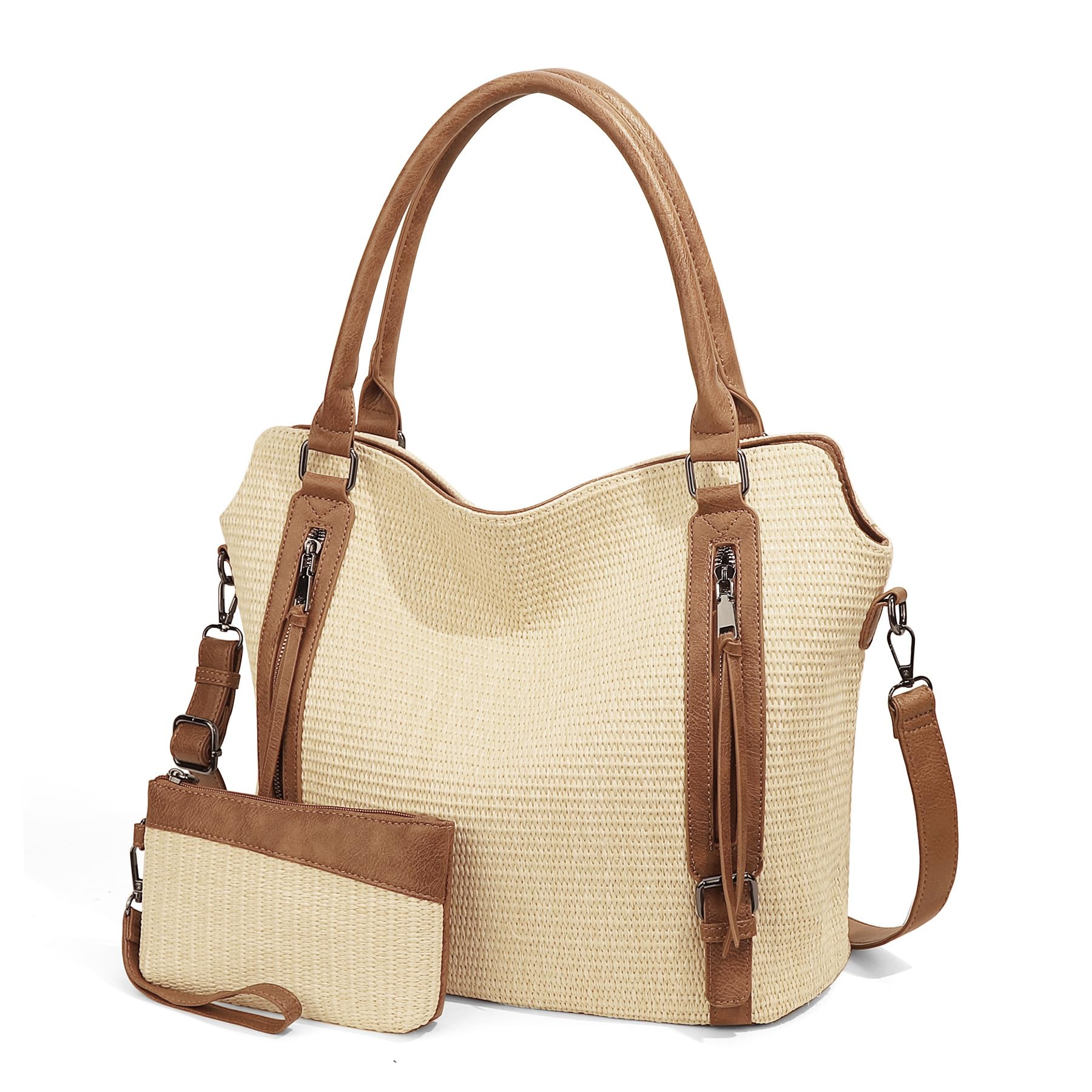 Borsa in paglia intrecciata con tracolla regolabile e tasche multiple, elegante borsa a tracolla in tessuto da donna per uso quotidiano borsa per la spesa