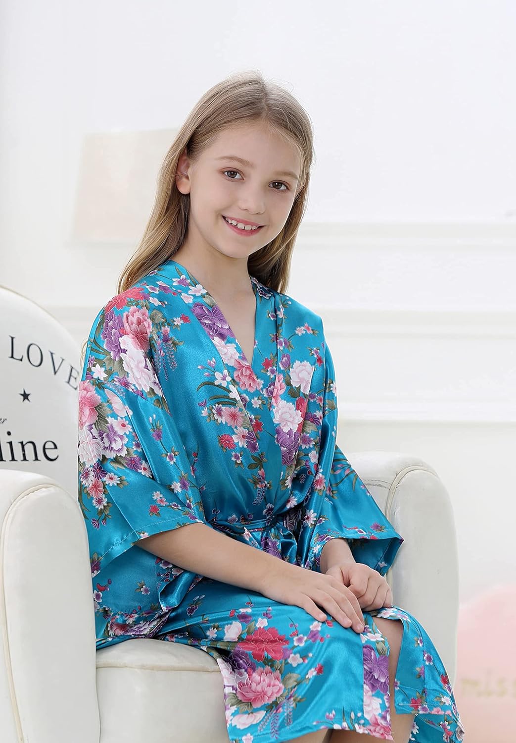 Kid Girls Silky Kimono Robes Party Set with Floral Patterns for Spa Brithday Wedding Short Robes - Image 4