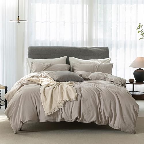 Miniatura 8 de Juego de funda de edredón tamaño King refrescante de 3 piezas, 100% algodón lavado con textura similar al lino, ultra suave y acogedora con cierre