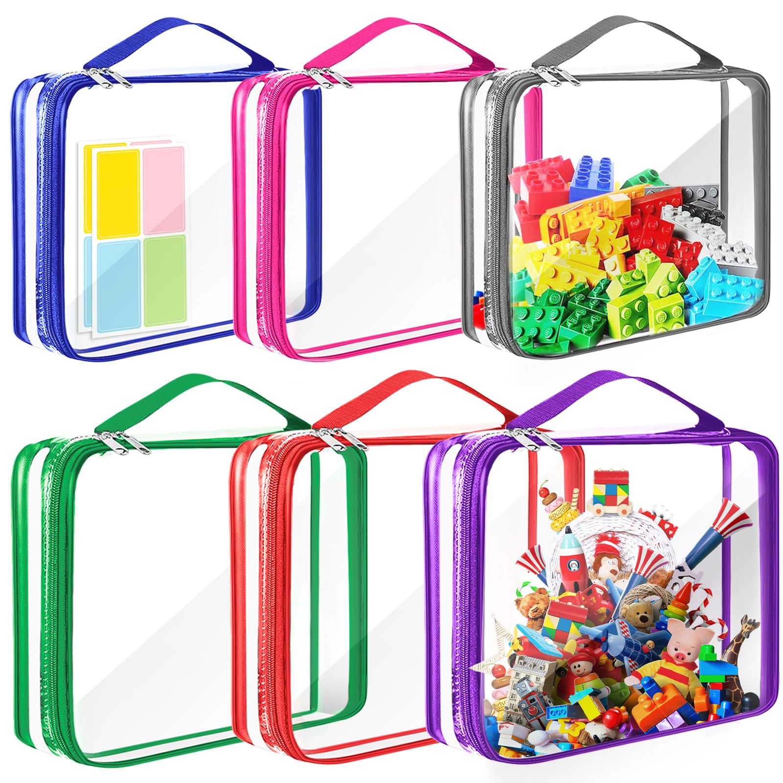 AOBOPLE 6 Packs Toy Storage Bags with Zipper,2 Size PVC Clear Toy Organizer Bags with Labels,Toy Bags for Board Games,Building Blocks,Puzzles,Kids Books