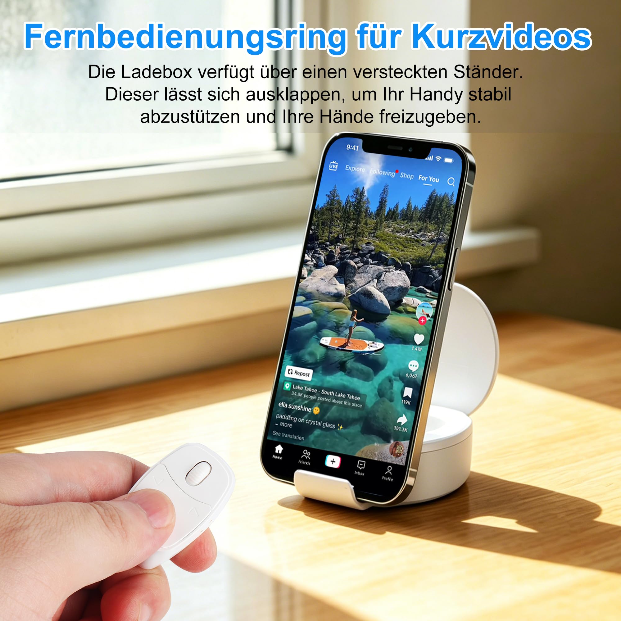Kabellose Bluetooth-Fernbedienung, TikTok-Scrolling Ring Wiederaufladbarer mit Ladehülle, Remote Kurzvideo, Kamera Auslöser, E-Book PPT Seitenwender, für Smartphone Tablet Zuhause Reisen Büro-Weiß
