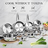 Vista 2 de EWFEN Juego de utensilios de cocina de acero inoxidable, juego de ollas y sartenes de 17 piezas de 3 capas de acero inoxidable, seguro para horno