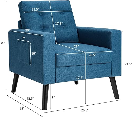 Miniatura 23 de Giantex Silla decorativa moderna, sillón tapizado de mediados de siglo con patas de madera de goma, tela de lino patentada, sofá individual para