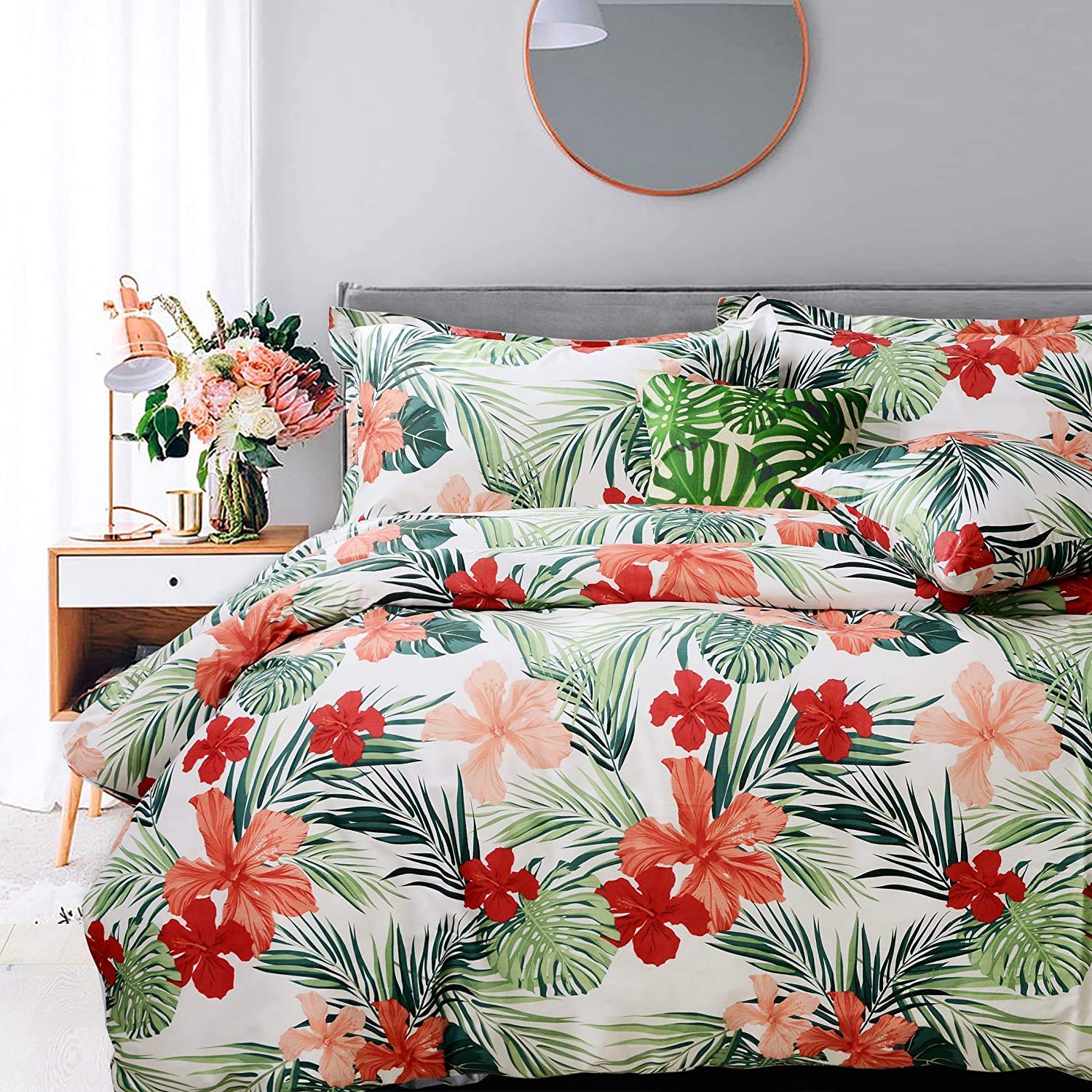 FADFAY Tropical Bedding Bed in a Bag 7 Piece Hawaiian Style Red Hibiscus Palm Leaves Bedding 100% Soft Cotton Hypoallergenic,(1 Duvet Cover 1 Fitted Sheet 1 Flat Sheet 4 Pillow Shams),Full Size