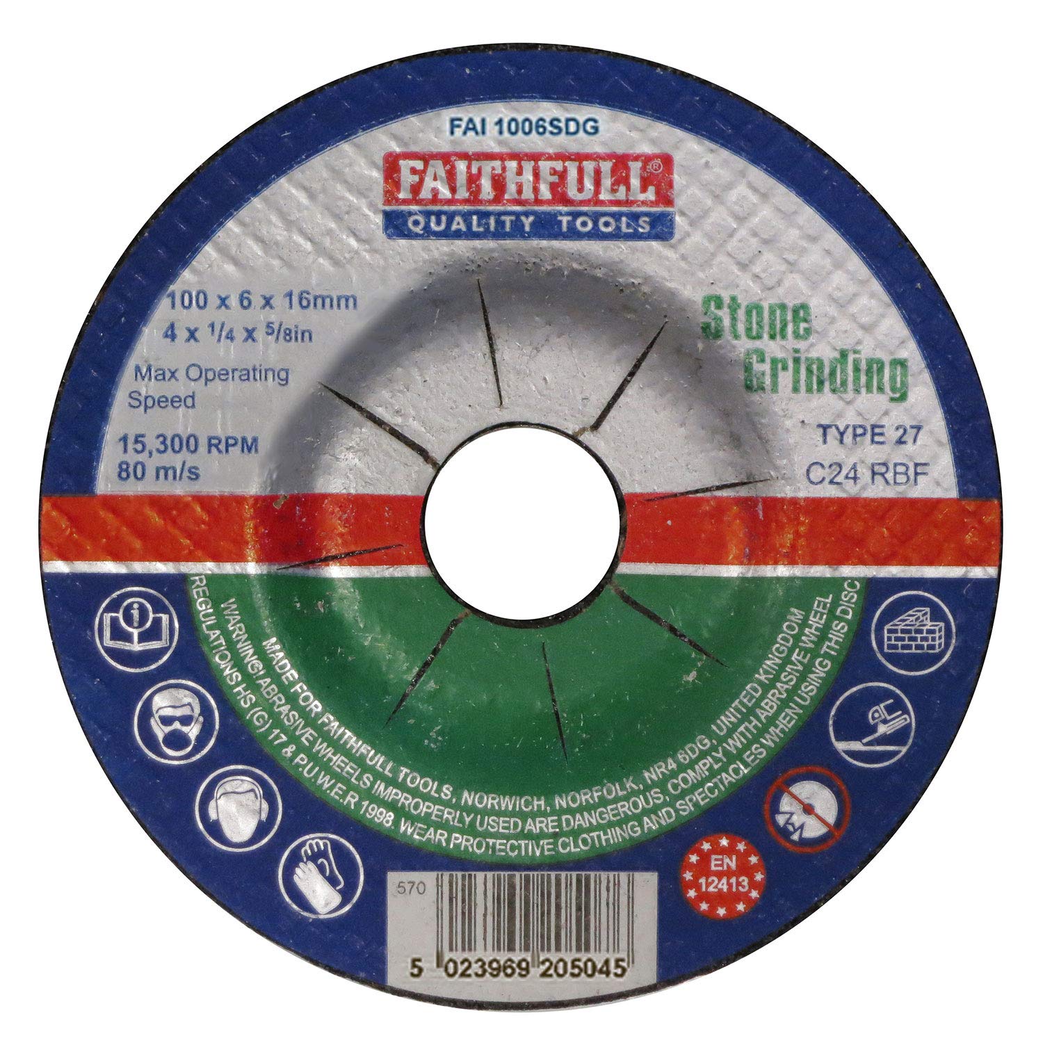 Faithfull Depressed Centre Stone Grinding Disc 100mm 6mm 16mm