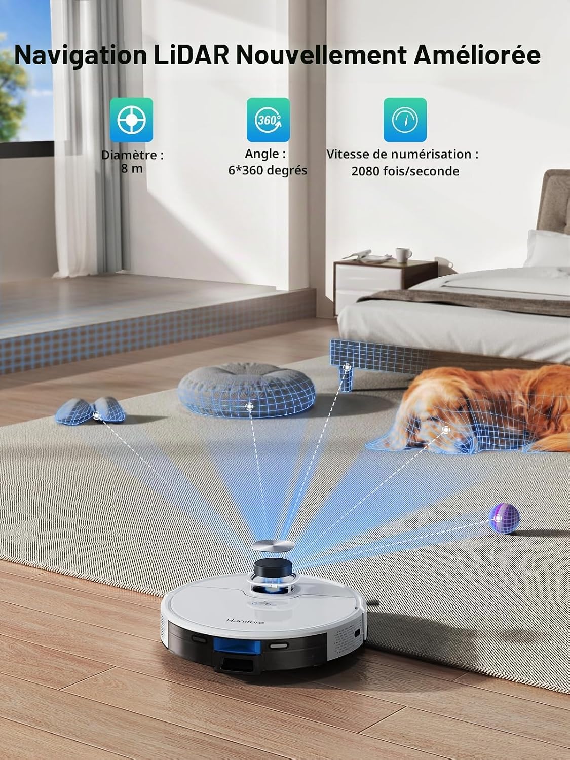 HONITURE Q6 SE Robot Vacuum Cleaner using LiDAR navigation to map a room with a dog and various objects.