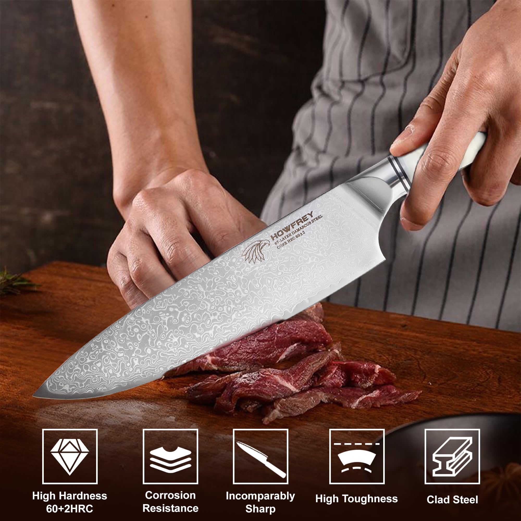 Damascus Chef Knife 8 Inch, 67-Layer Japanese Kitchen Knives Sharp VG-10 High Carbon Stainless Steel with Ergonomic Pakkawood Handles, Elegant Gift Box Packaging for Home and Kitchen — Amazon image 5