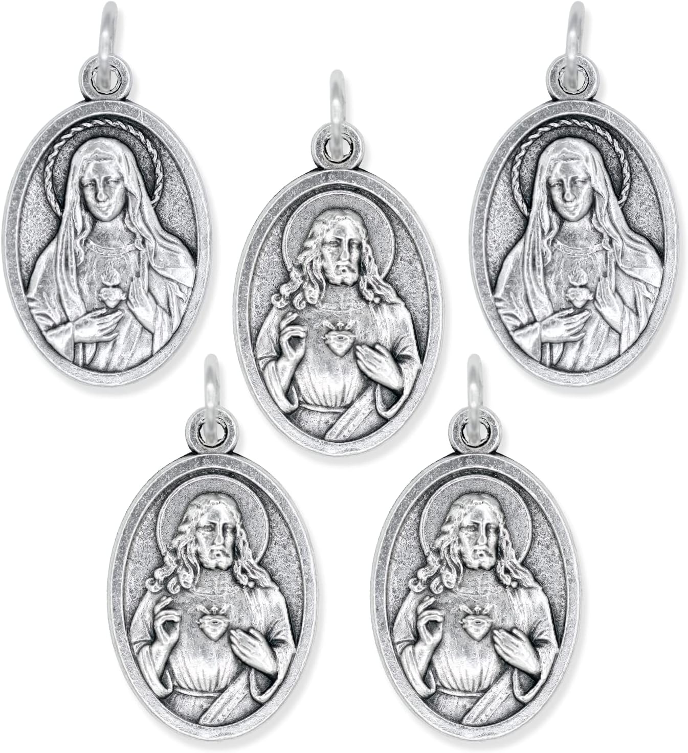 Pack of 5 - Immaculate Heart of Mary and Sacred Heart of Jesus Medals - 1" Silver Oxidized Catholic Pendants for Necklace and Rosary, Made in Italy - Image 2