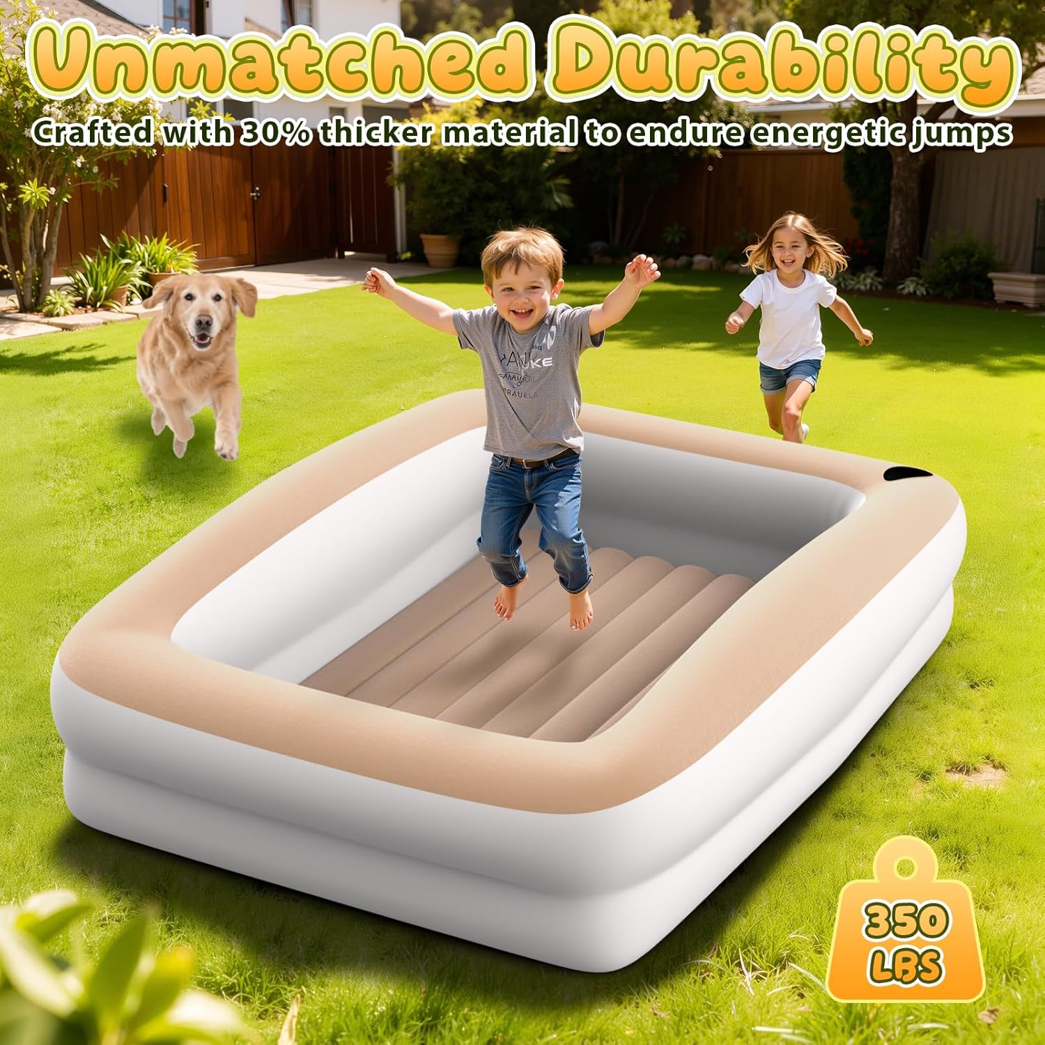 Inflatable Toddler Travel Bed - 67 Inches Portable Blow Up Bed with Safety Sides - Kids Air Mattress with Electric Pump & Carry Bag - Lightweight Camping Essential Bed for Sleeping Outddor - Khaki