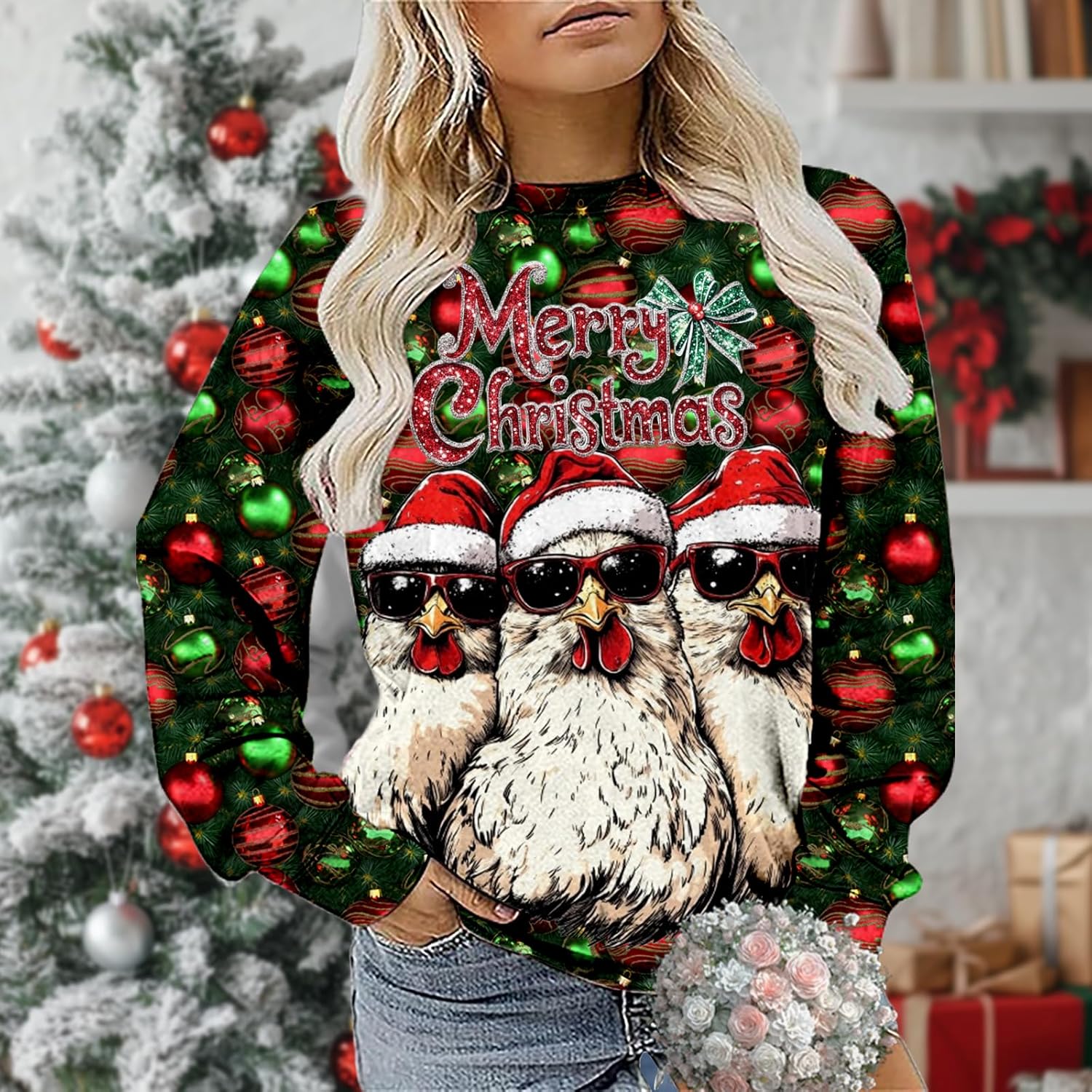 MARSVOVO Merry Christmas Long Sleeve Shirts for Women Funny Animal Cute Tops Casual Daily Festival Pullover Sweatshirts