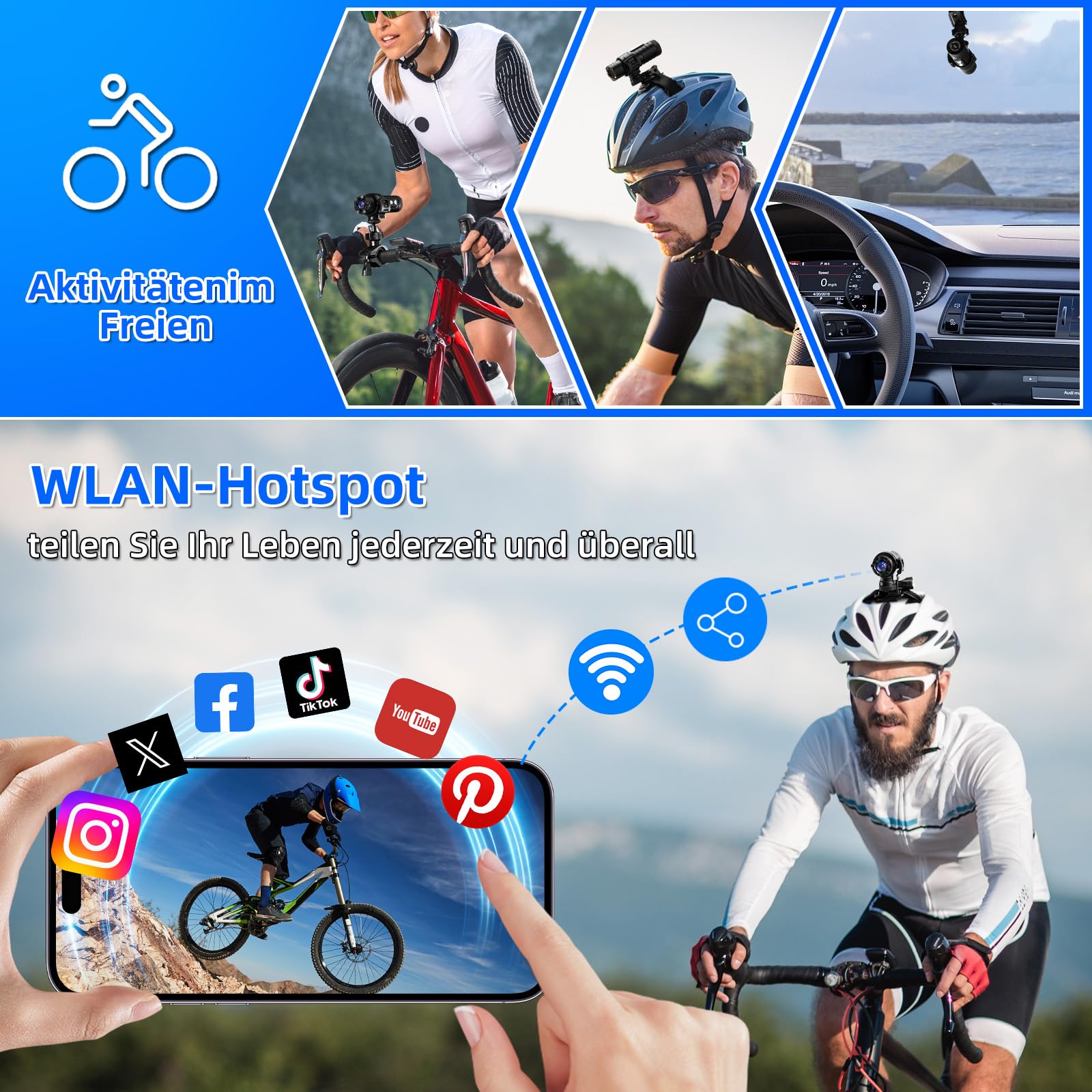 AIKER Dashcam Fahrrad,Verbesserte Version WiFi Action Cam Intelligente Aktive Stabilisierung und Echtzeit-Pegelkorrekturfunktion helmkamera,1080P HD&120°Weitwinkel Action Kamera,Mit 64GB Speicherkarte
